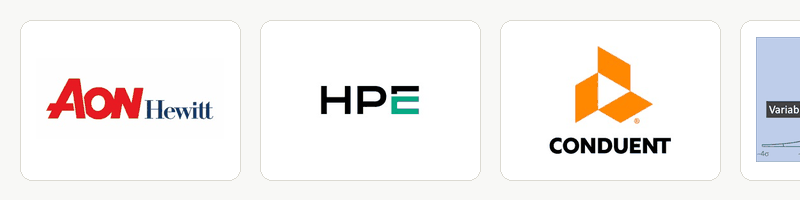 Logos of Aon Hewitt, HPE, Conduent, Variablegenius, Nike, One Model