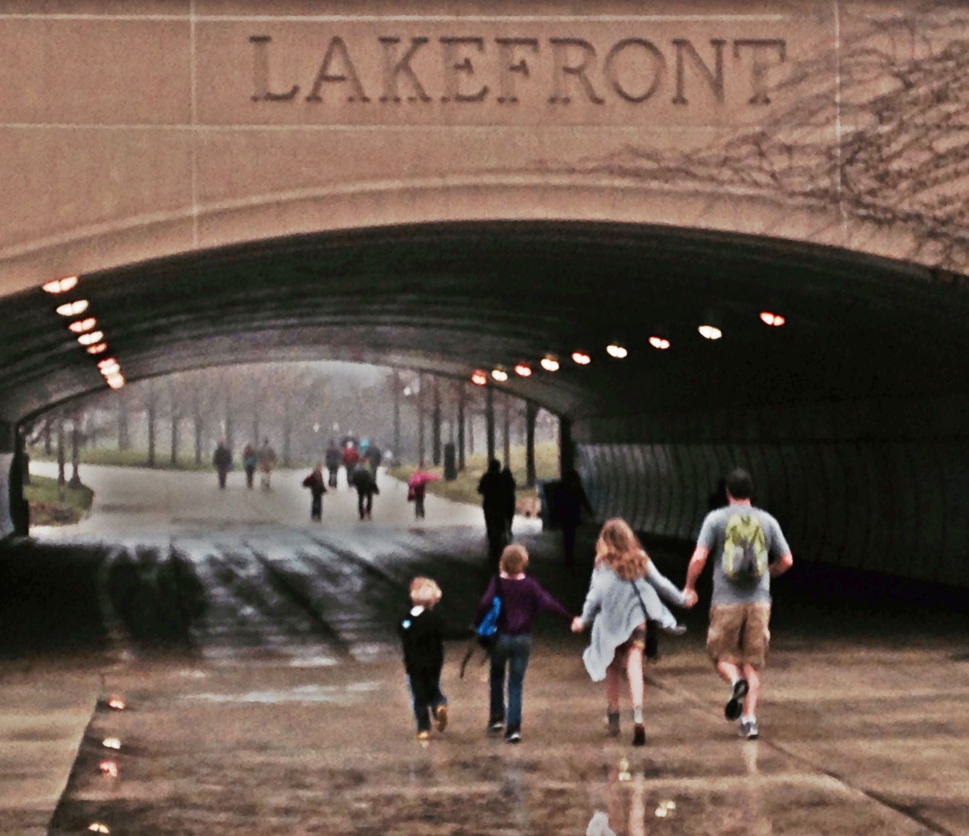 This is a picture of Ara Wade with my kids running to a bridge to be sheltered from the rain.