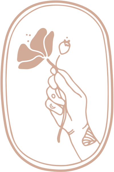 Minimalist line art logo for Villanelle Floral Design featuring a hand holding a flower inside a double-bordered oval frame in soft clay pink.