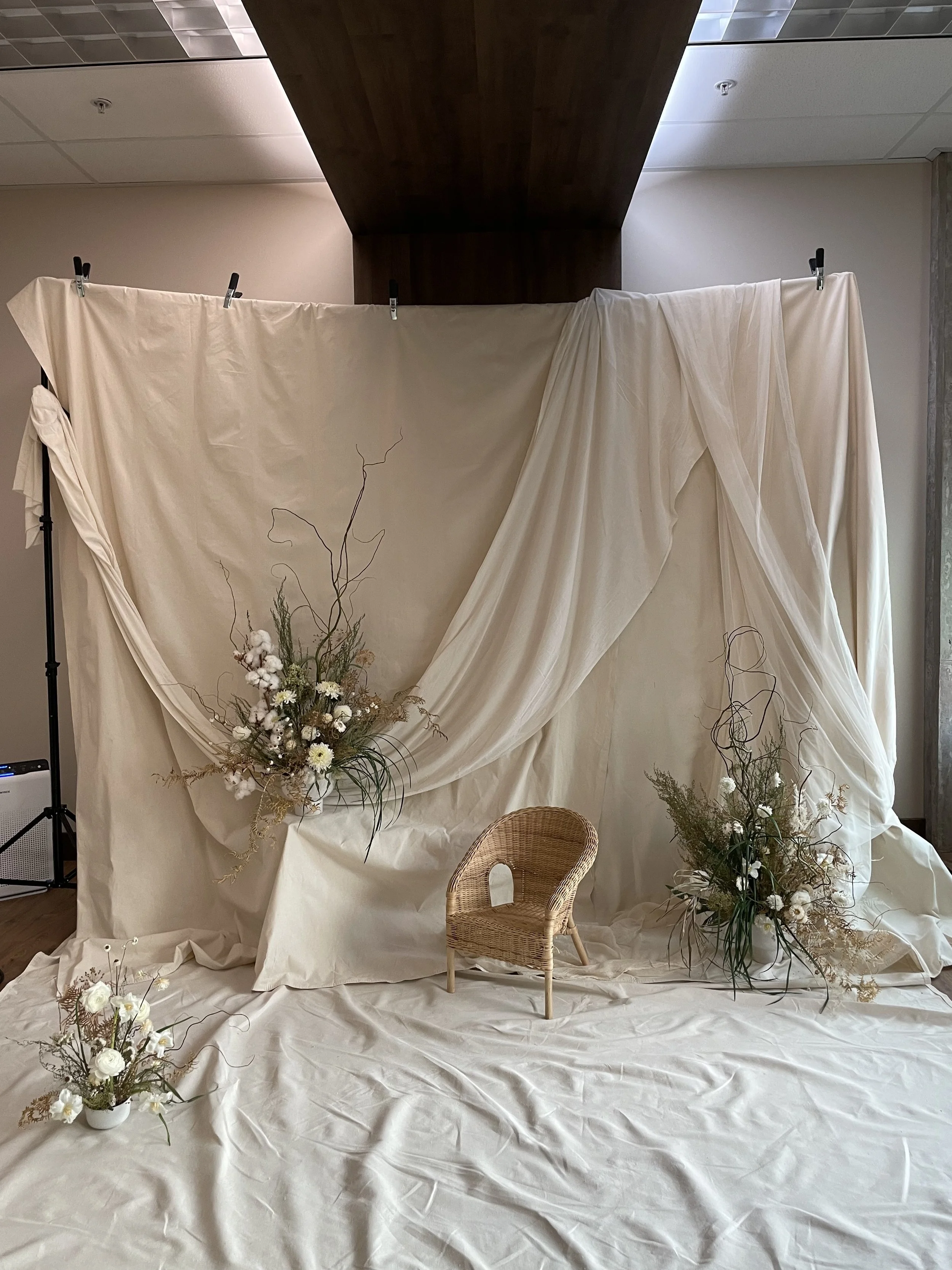Editorial floral installation with sculptural seasonal blooms arranged in front of draped fabric for photo shoot. 