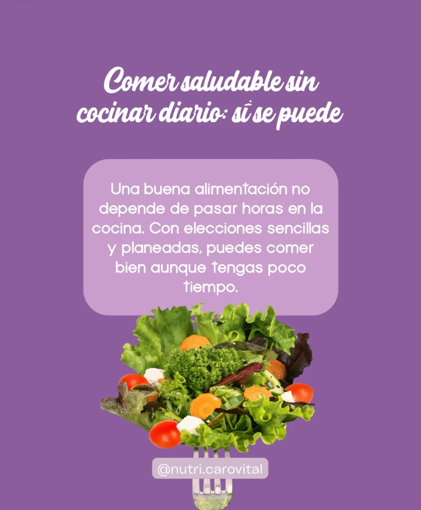 Comer saludable no significa vivir en la cocina 🥗✨
Con elecciones sencillas y un poco de planeaci&oacute;n, puedes nutrirte bien incluso cuando el tiempo es corto.
S&iacute; se puede comer rico, pr&aacute;ctico y saludable 💜
@nutri.carovital
 #nutr