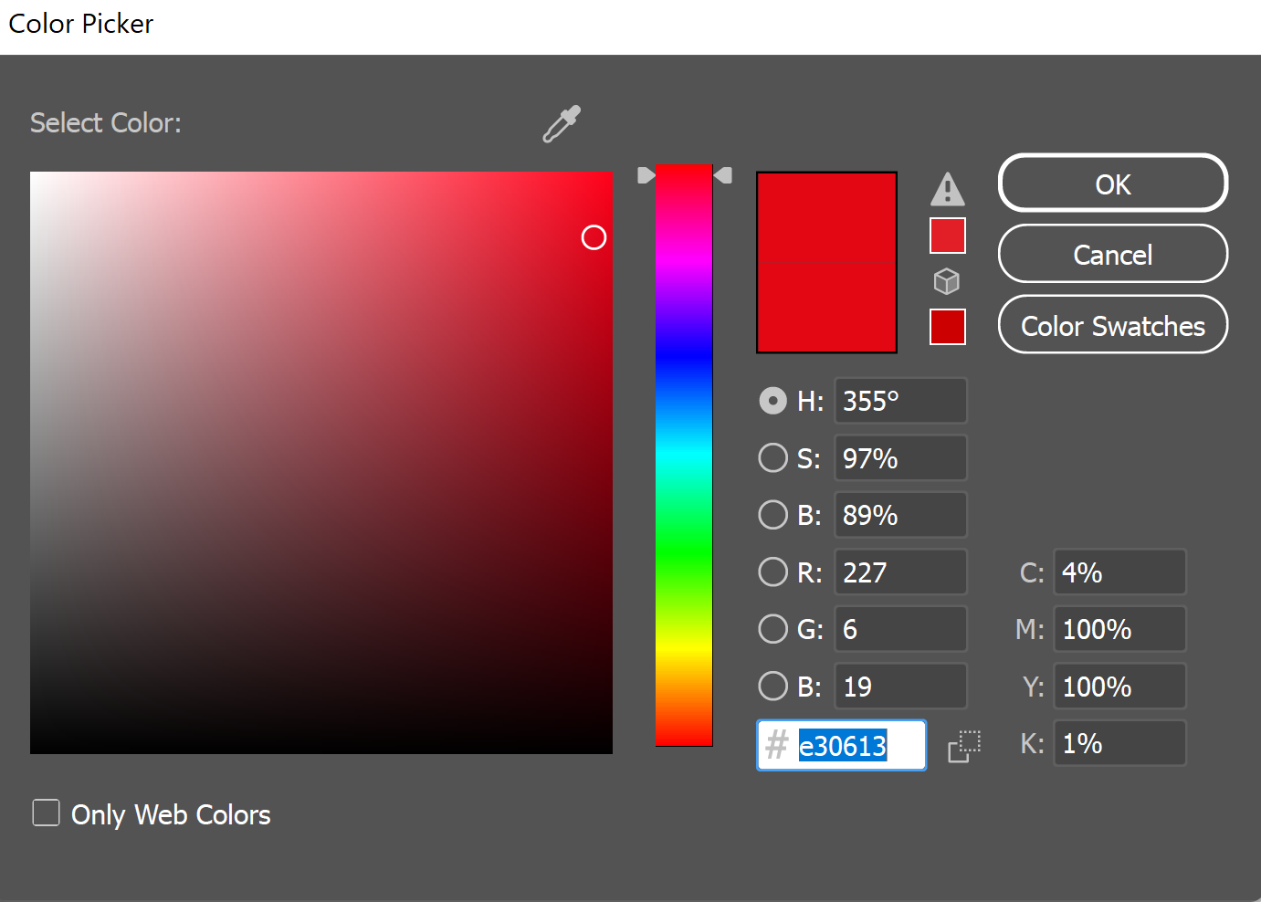 Digital colour-picker showing a vivid red selected by its hex code, the tool used to choose precise colours in Drawing Music.