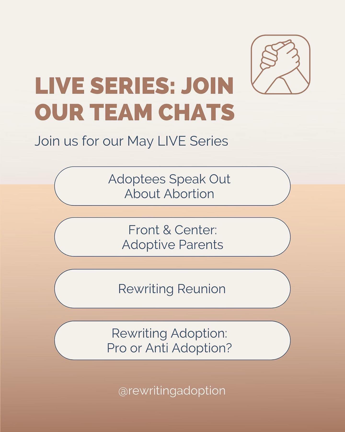 We hope you can join us this month! Swipe ➡️ for dates and join us live!

Lately our team meetings have turned into chats about our views and experiences regarding adoption topics, so we wanted to share what we&rsquo;ve been discussing.

Join us this