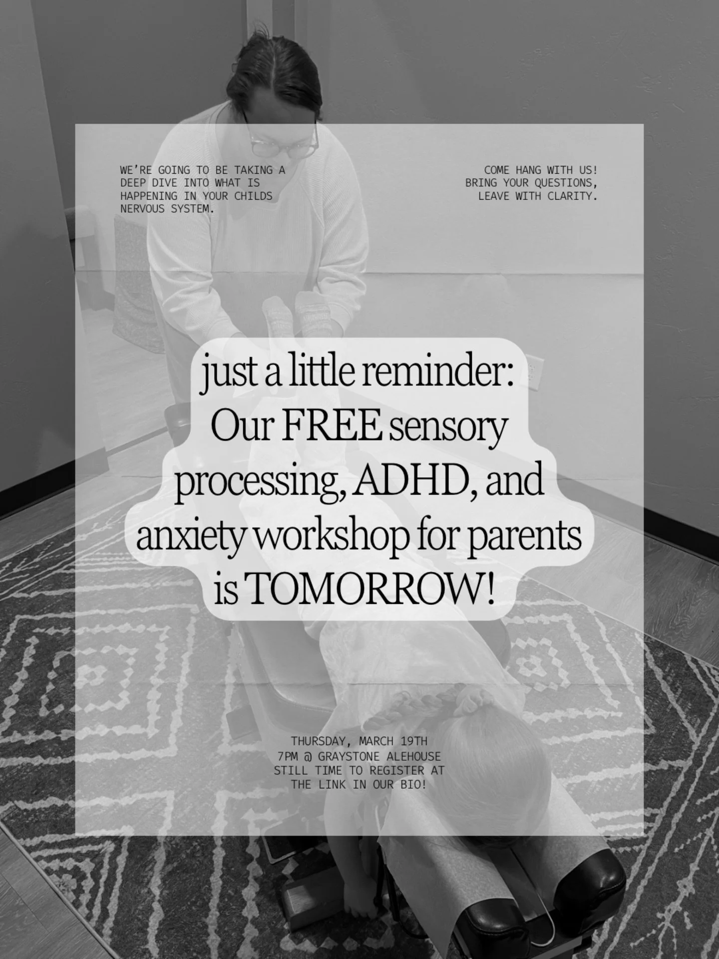 Tomorrow is the day! 🎉

Our FREE workshop is happening!! If you&rsquo;ve ever wondered how to better support your child with focus, sensory struggles, big emotions, or a constantly &ldquo;busy&rdquo; brain&hellip; this is for you! 

We&rsquo;re brea