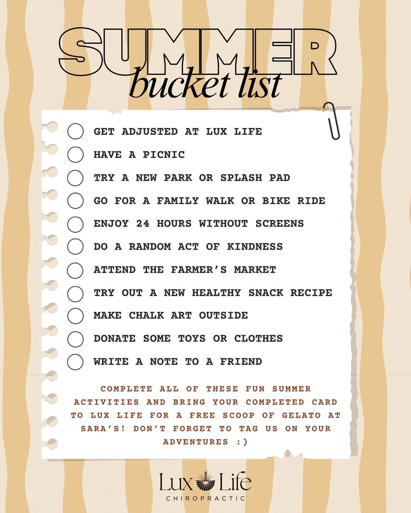 With school now OFFICIALLY officially being out around here, we think it's about time we have some SUMMER FUN!☀️🤿🪁💦

We have a super fun health forward bucket list challenge for our Lux Life kiddos to participate in and we hope you'll join in on t