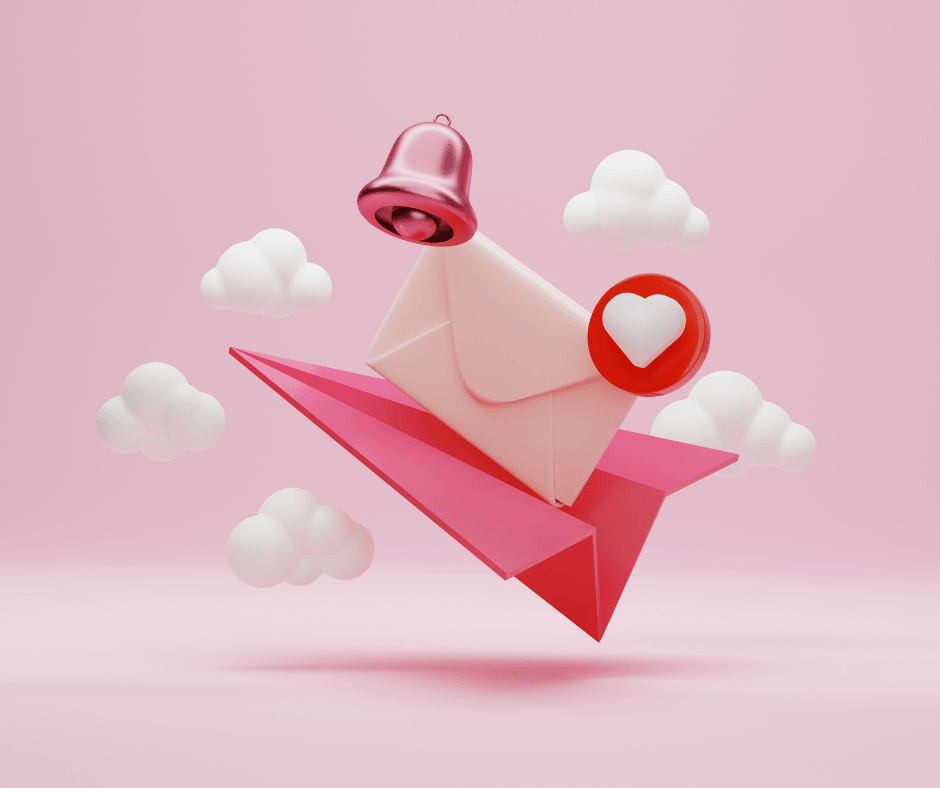 envelopes and bell on pink background with heart and clouds