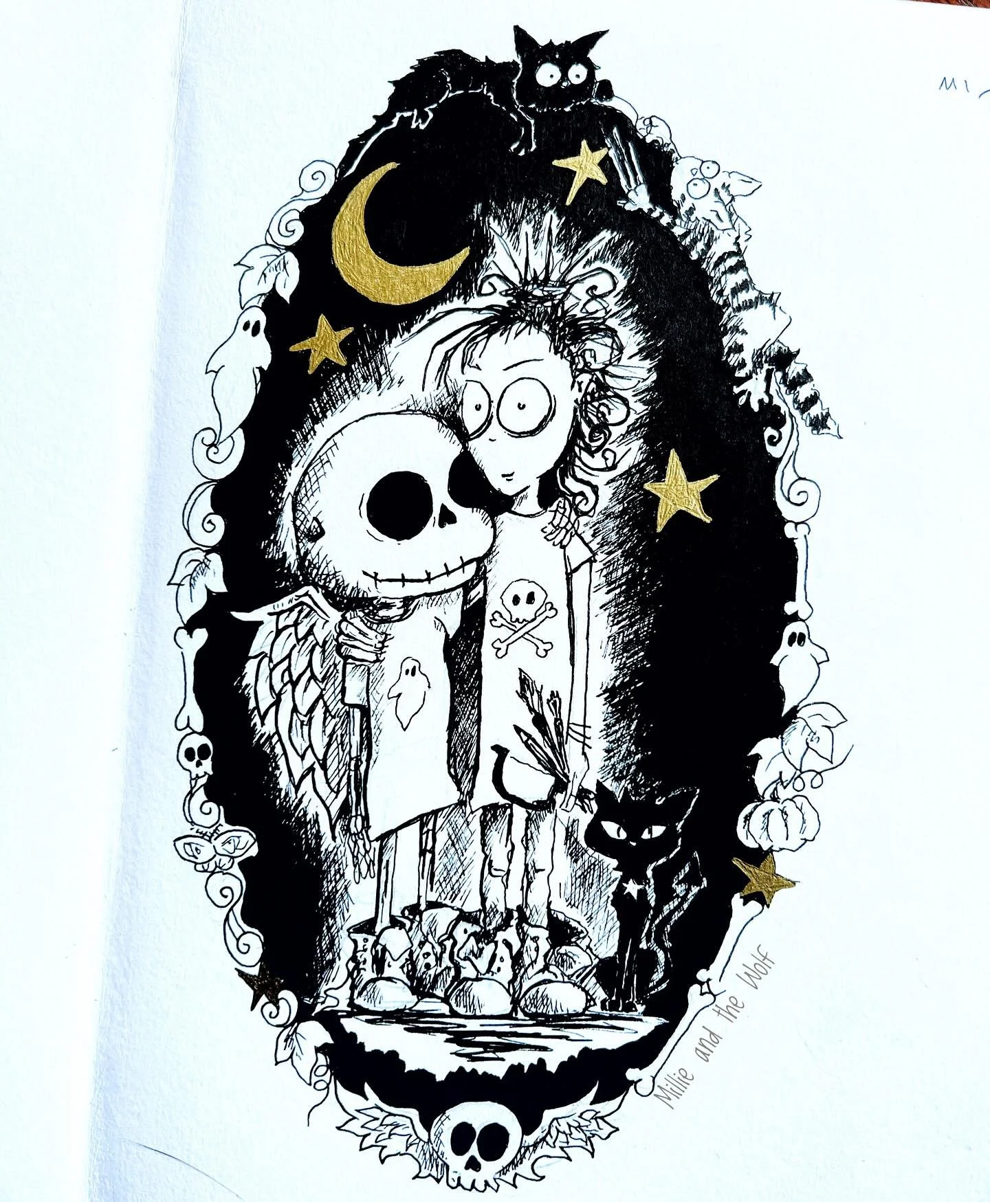 Day 1 Spooky Intro 👻 

This is me with Roger ☠️, Millie 🐈&zwj;⬛ and the kittens 🐈&zwj;⬛ 🐈&hellip;. Hi!

#mabsdrawlloweenclub #spookyintro #drawlloween #drawingchallenge #halloween #alternativeartist #altart #millie_and_the_wolf