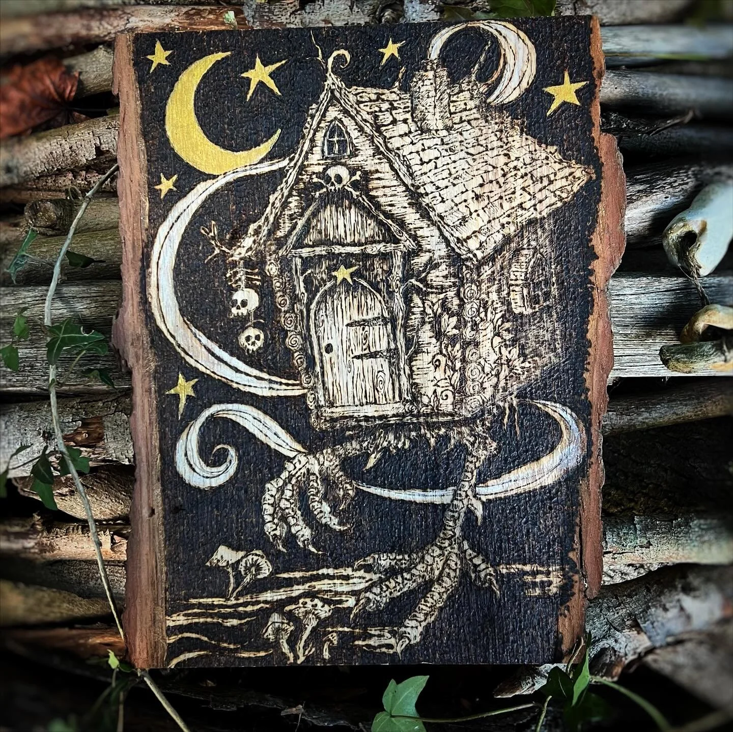 Day 17 ‘Baba Yaga’ 
#mabsdrawlloweenclub 
My absolute favourite … Baba Yaga.
#babayaga #drawlloween #slavicmythology #witch #witchart #babayagashouse #chickenlegs #millie_and_the_wolf #drawingchallenge #drawingwithfire #pyrograph
