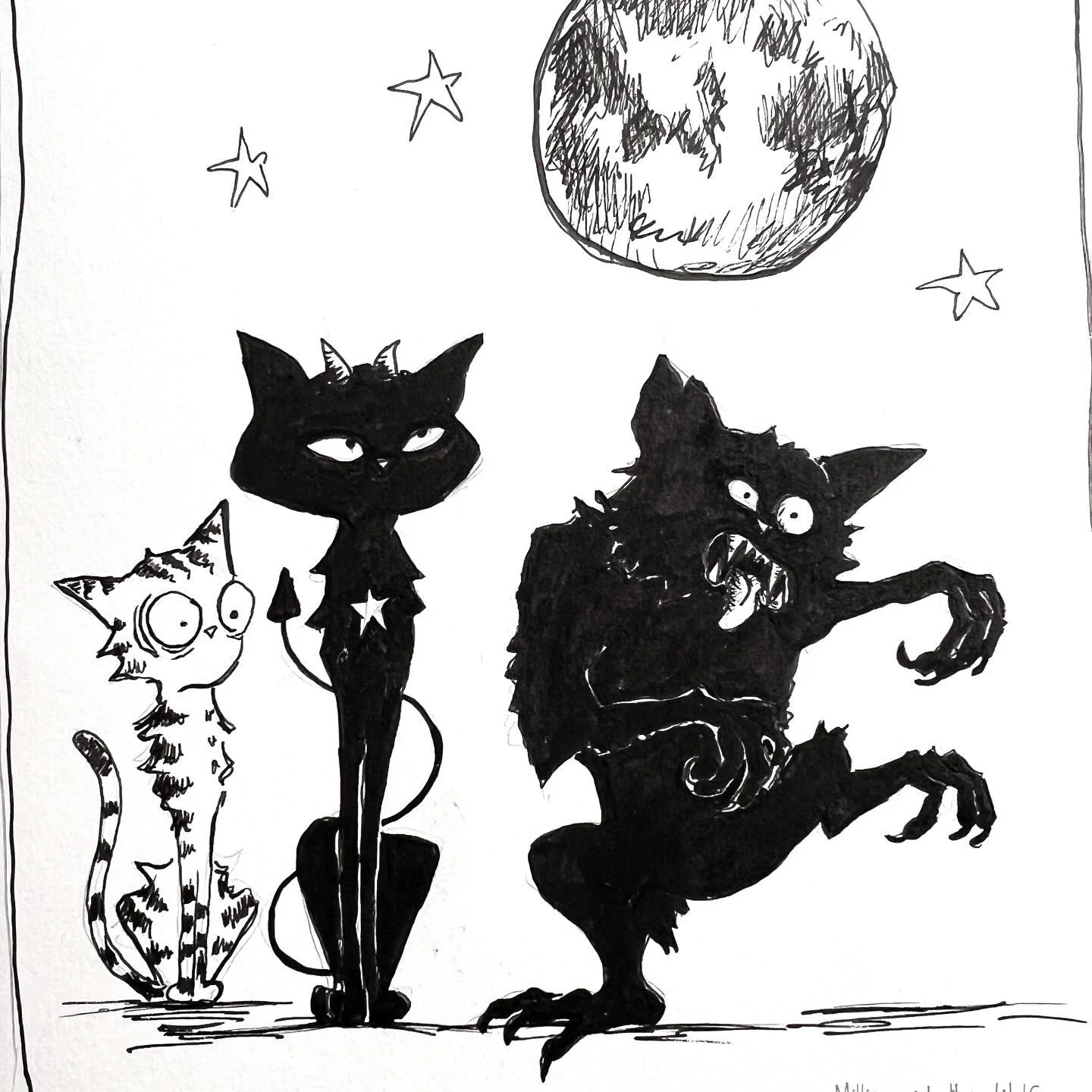 A little behind ….
Day 6 ‘Werewolf’
When the full moon falls on Lilith 🐈‍⬛ 
#mabsdrawlloweenclub #werewolf #werekitty #werecat #fullmoon #drawlloween #drawlloweenwerewolf #mabgraves @mabgraves