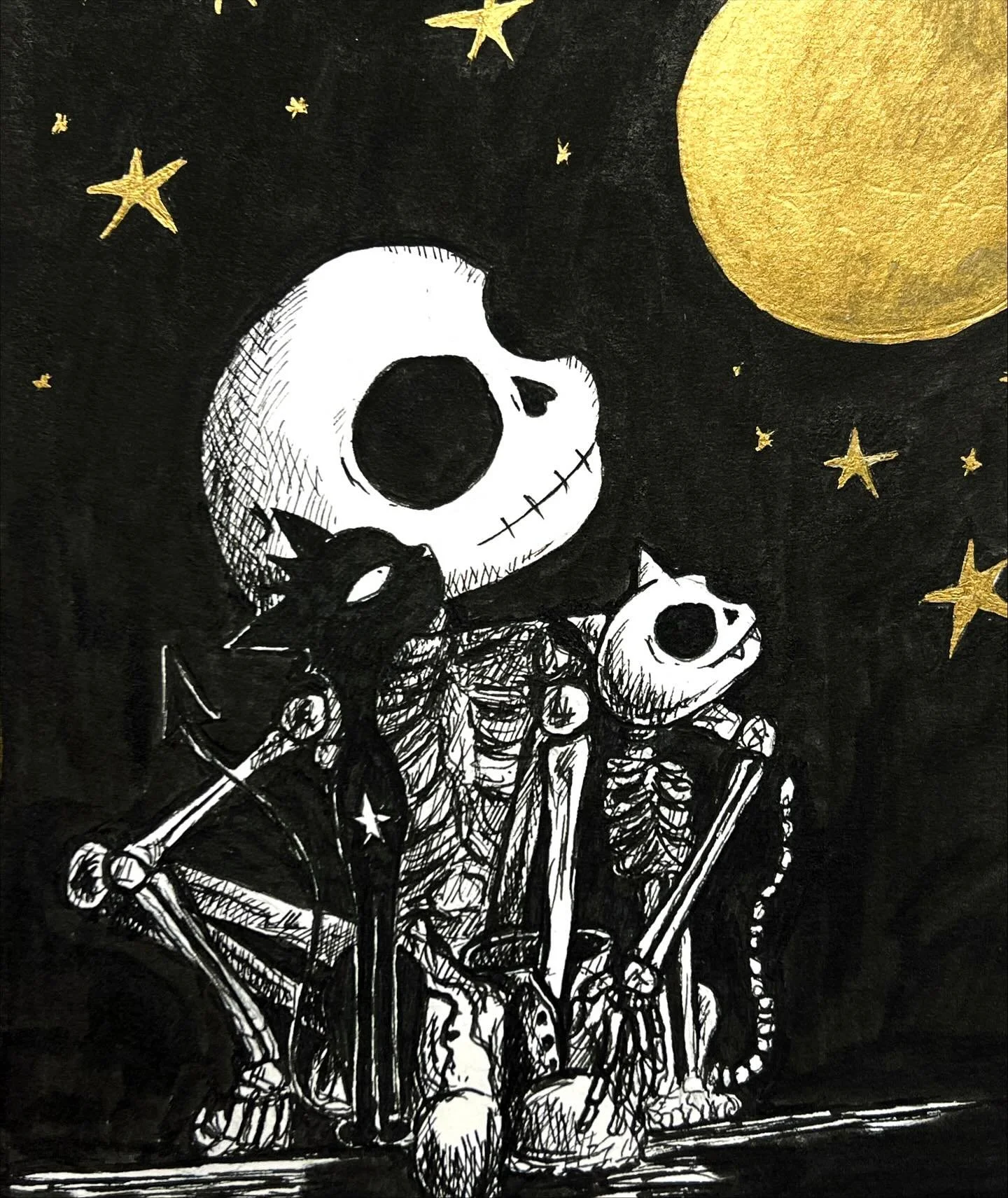 See how they shine for you ☠️✨✨✨

#blackcat #skeletonart #skellycat #skeletoncat #lovethemoon #seehowtheyshineforyou #starlight #jessedicksonartist #millie_and_the_wolf #alternativeart #goth