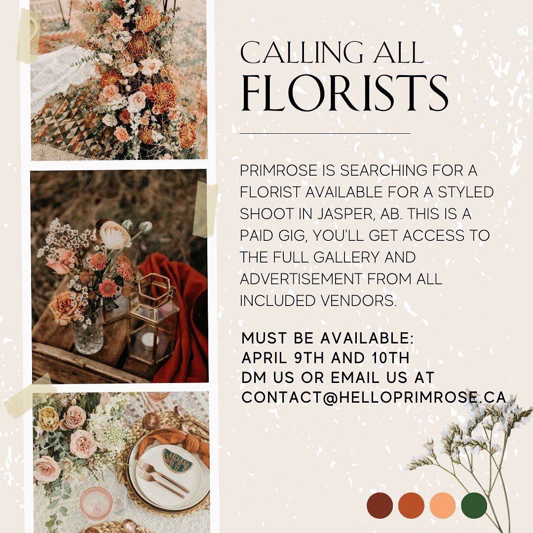 Hey Florists!! We are currently searching for a florist for our upcoming styled shoot and workshop with @fontaine_photo_film and @esthermoermanphoto out in Jasper, AB. We&rsquo;ve had a few complications with securing a florist and we are hoping to c