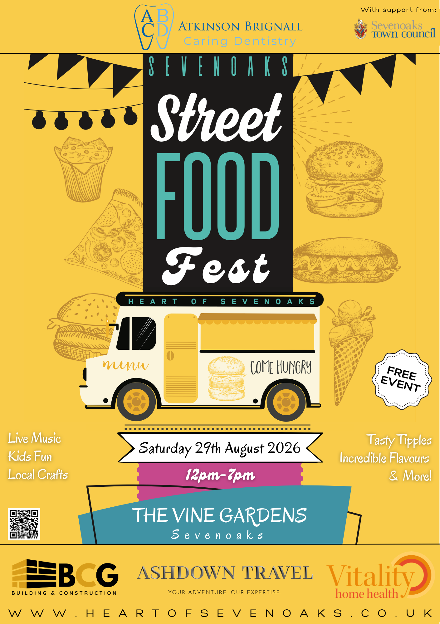 Serving up serious flavours, Sevenoaks Street Food Fest is back for 2026 and more delicious than ever! 🍕🌮🍻

This free-to-attend community event is made possible thanks to the support of Sevenoaks Town Council and kindly sponsored by the brilliant 