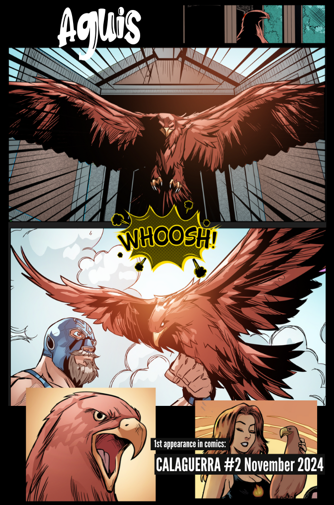 "AGUIS"
- - Real Name: Aguis
- - Female Adult Golden Eagle from Mexico.
- - Powers, Abilities and small backstory: Aguis belongs to the Uncle of El Obelisco. Aguis is a fully trained hunter / messenger bird with a high level of intelligence. Aguis en