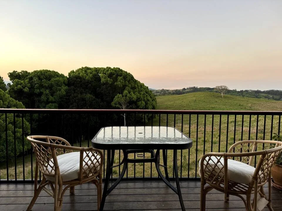 View from the deck of the off-grid eco cabin at Cheyenne Farm, looking over the Byron hinterland