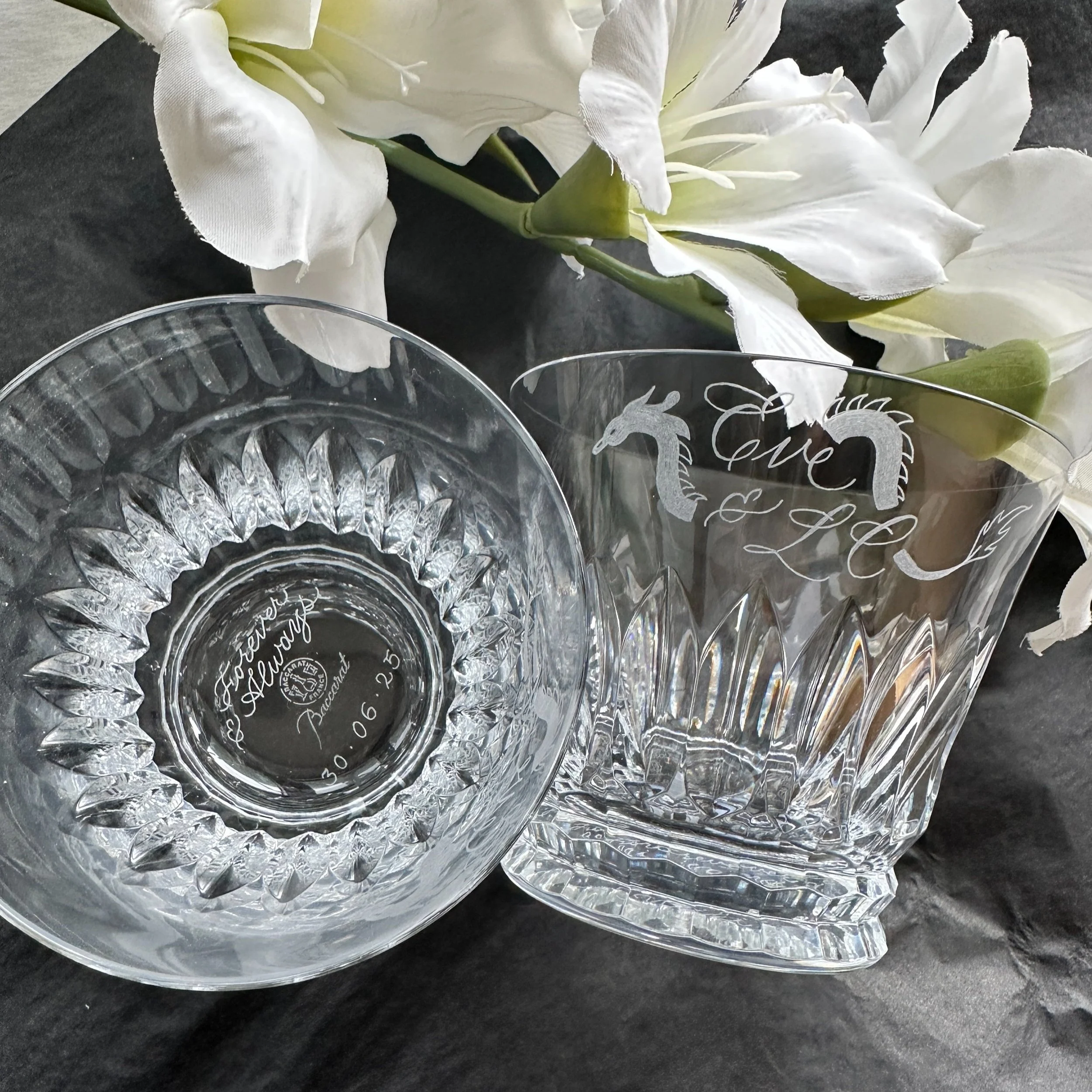 Personalised engraved whiskey glasses for bride and groom as wedding gift. Hong Kong Engraving artists