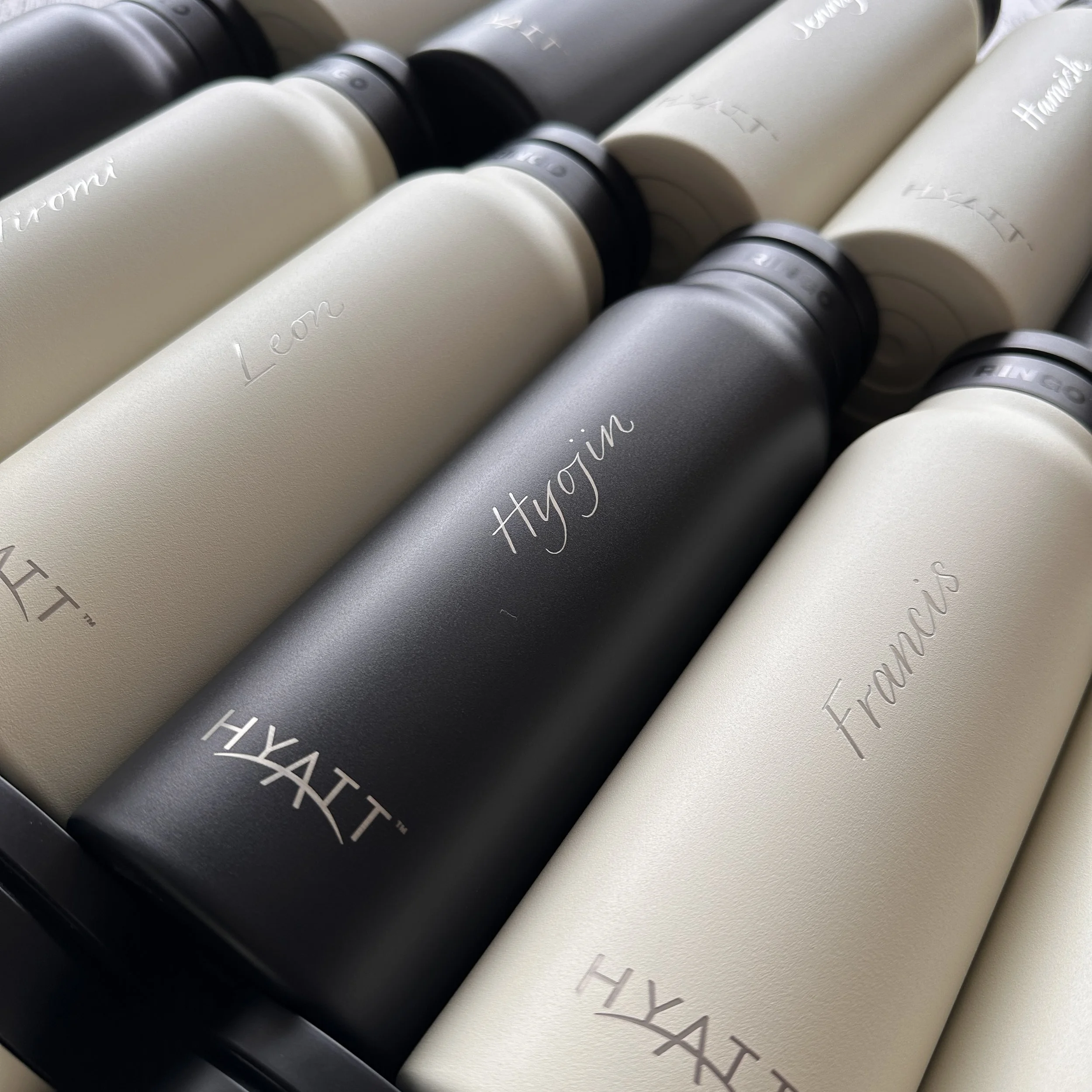 In-studio Engraving on water bottles for Hyatt Hong Kong
