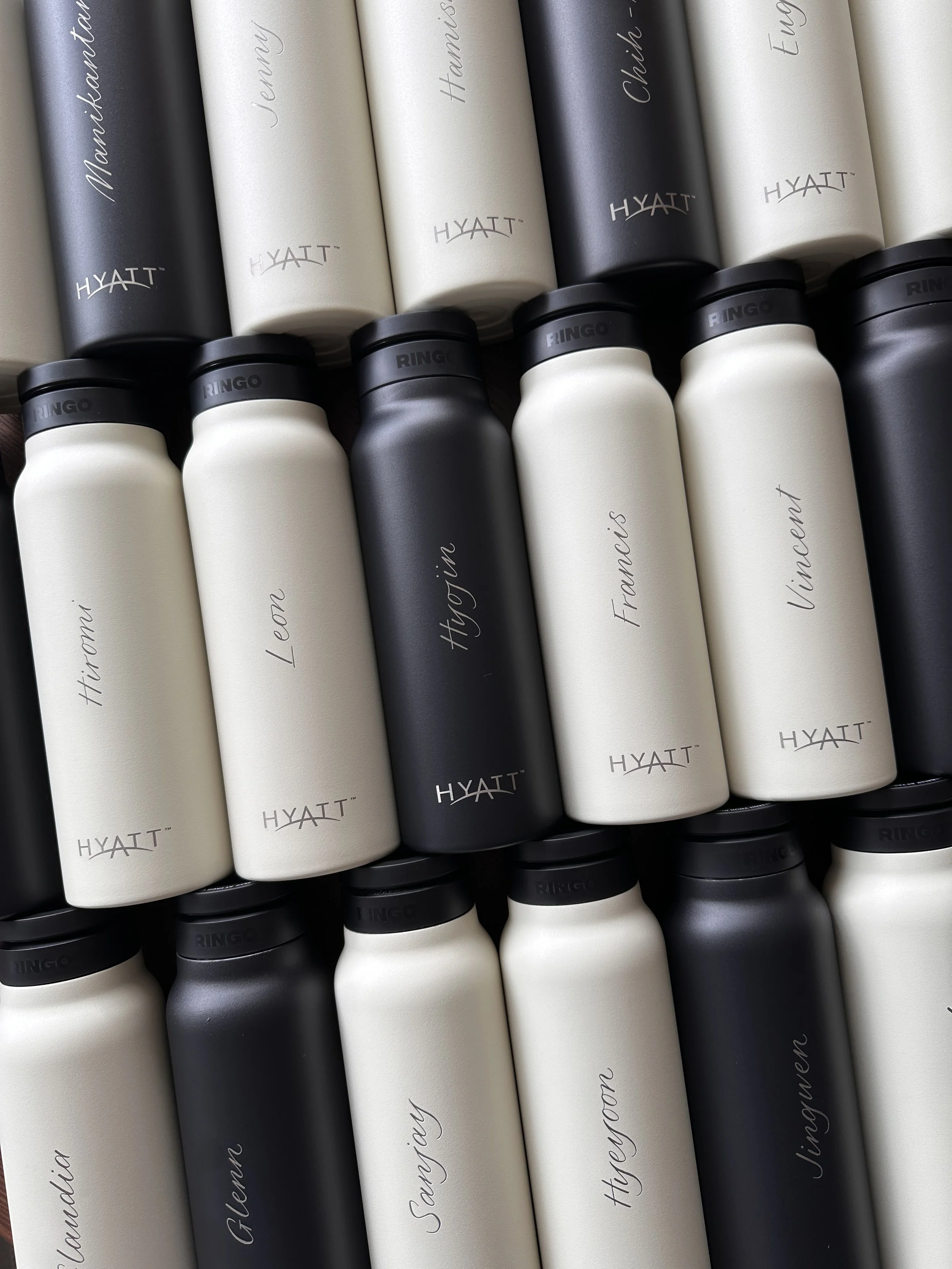 In-studio Engraving on water bottles for Hyatt Hong Kong