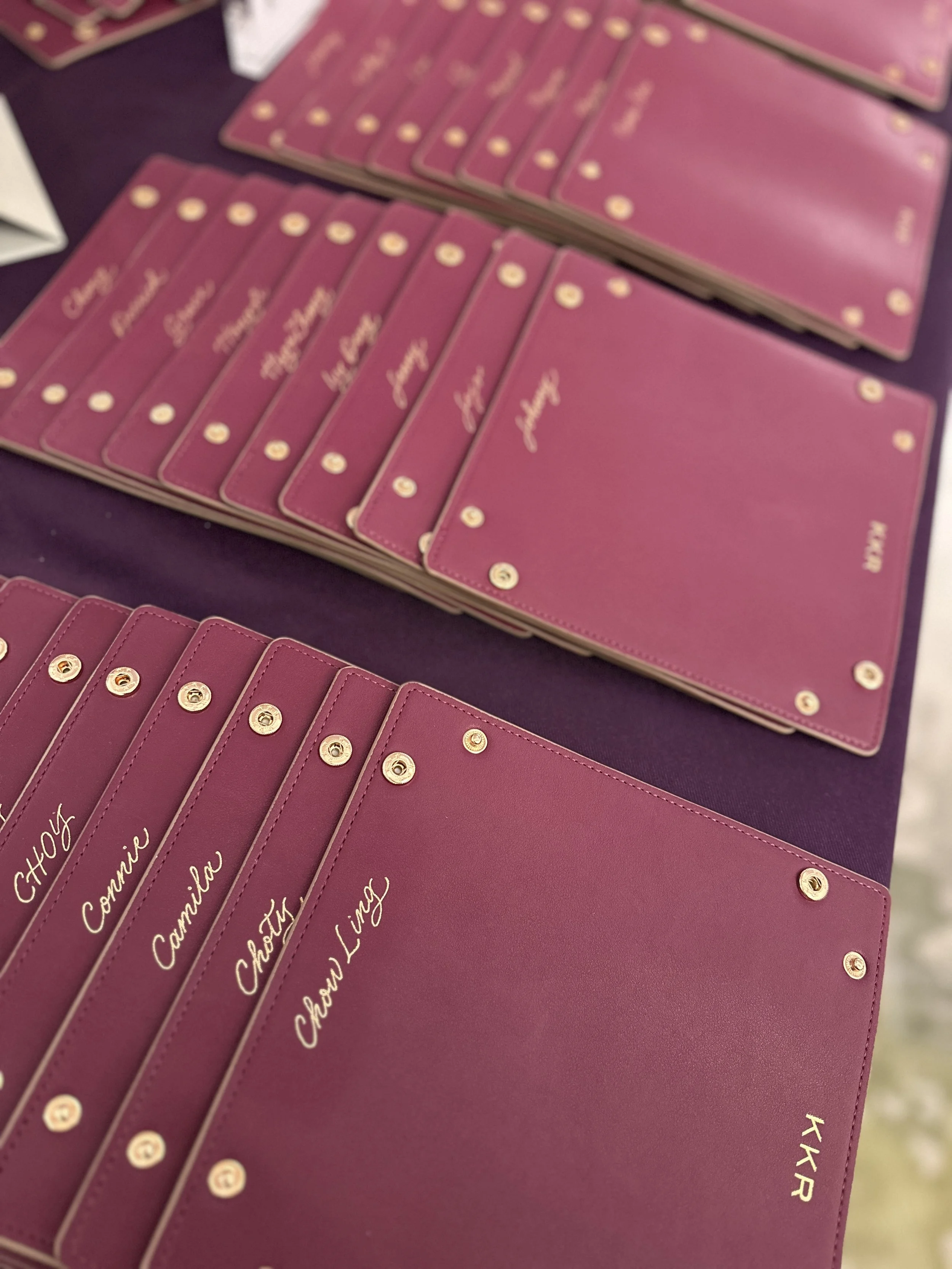 On-site Calligraphy Heat Foiling on Leather trays for conference in Hong Kong