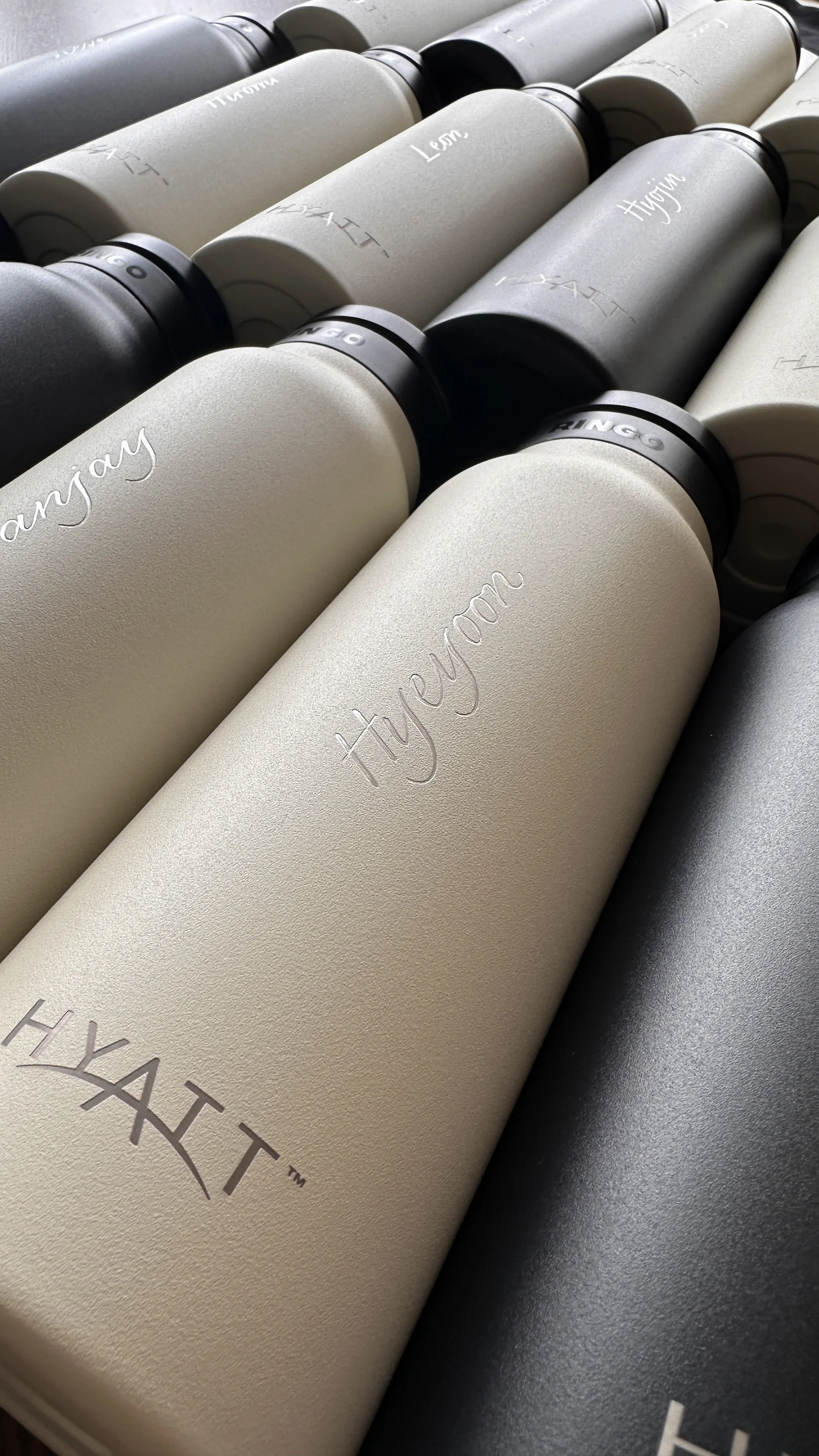 In-studio Engraving on water bottles for Hyatt Hong Kong