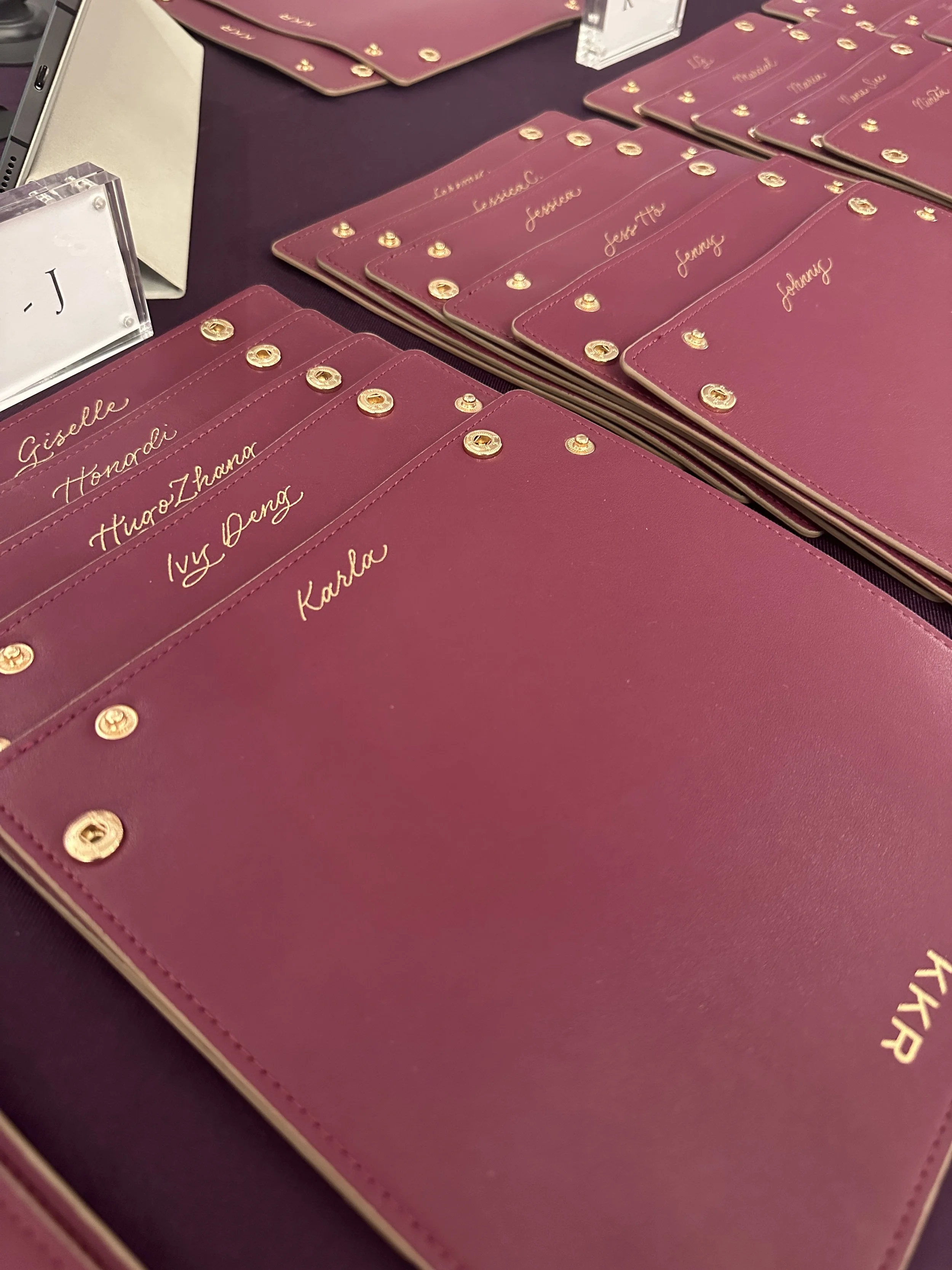 On-site Calligraphy Heat Foiling on Leather trays for conference in Hong Kong