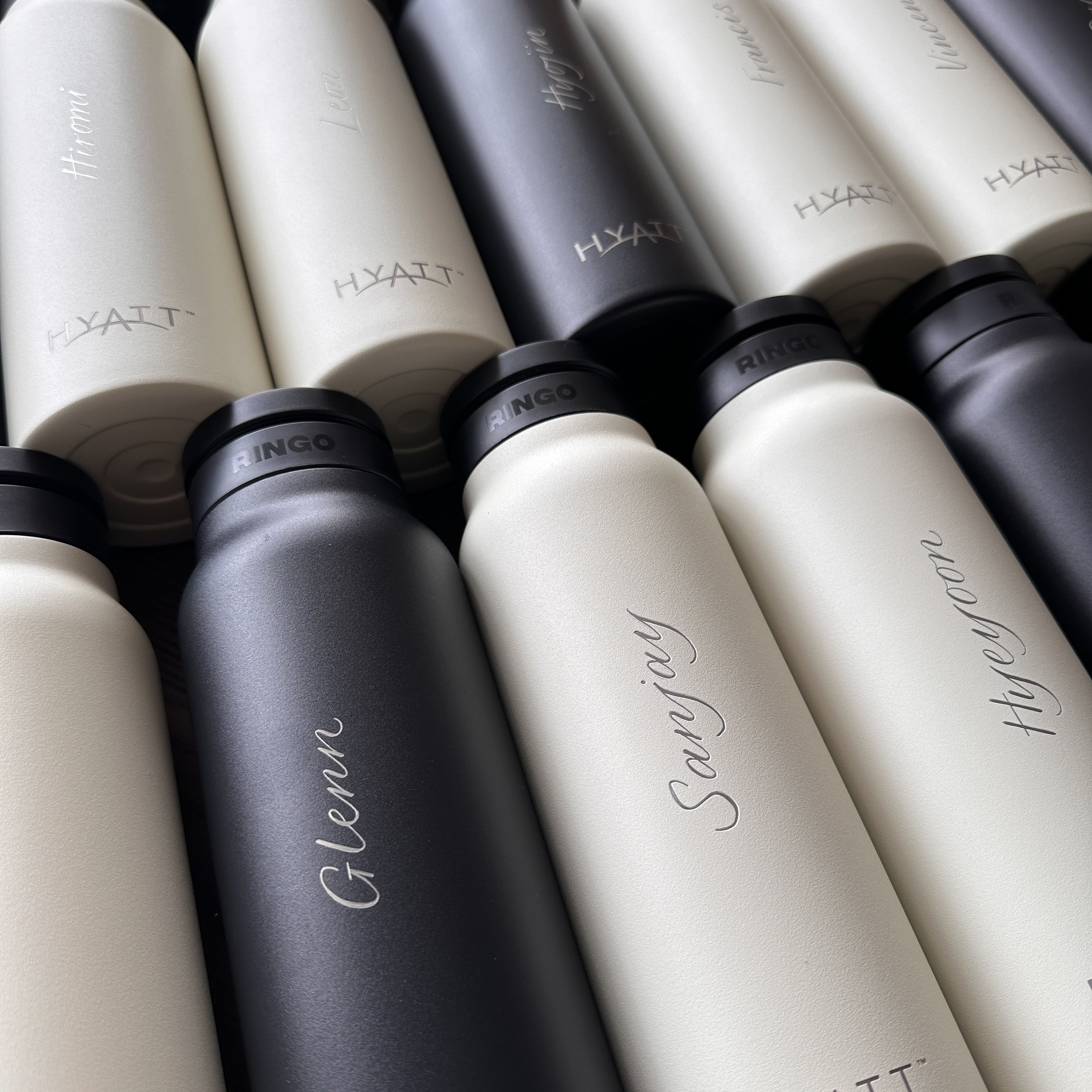 In-studio Engraving on water bottles for Hyatt Hong Kong