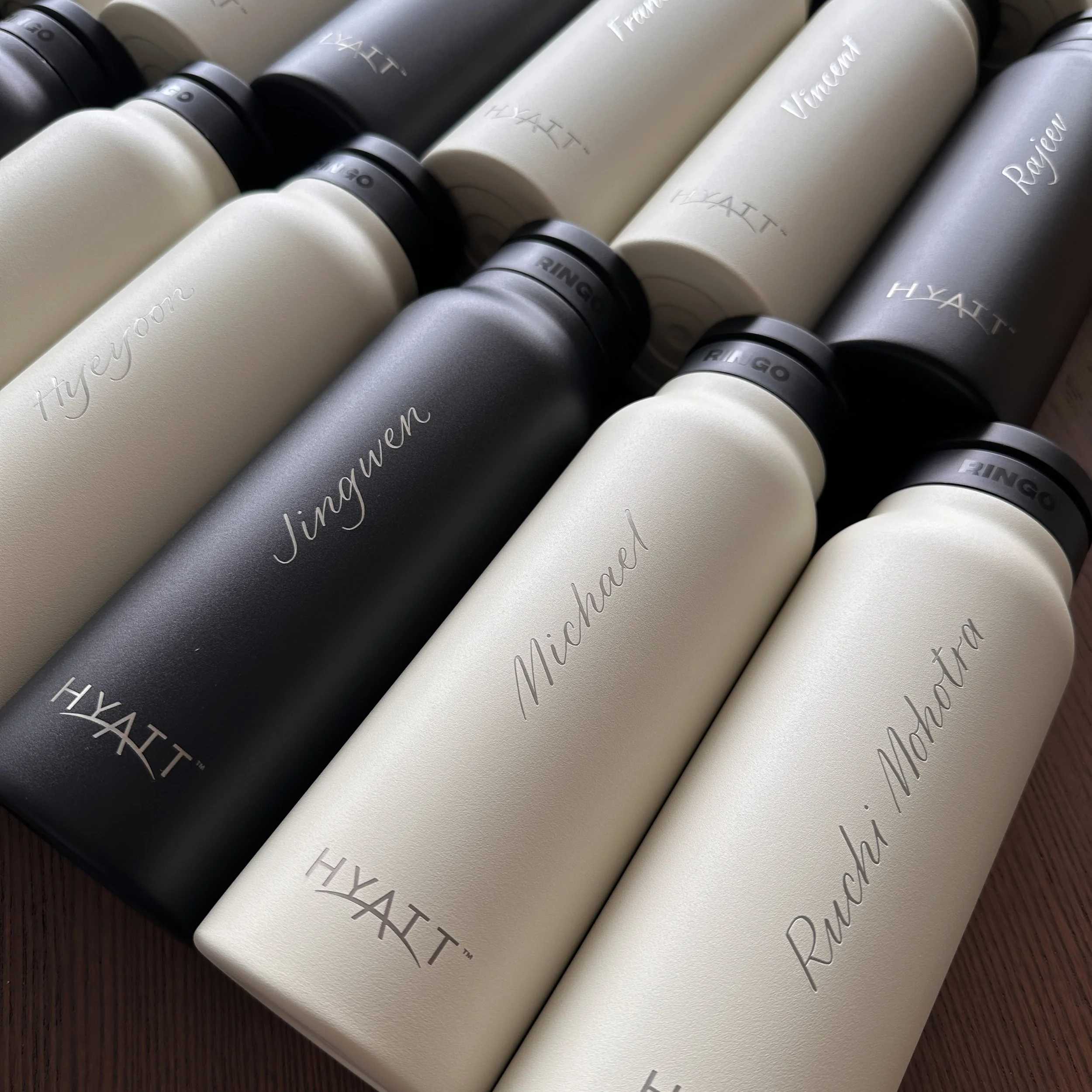 In-studio Engraving on water bottles for Hyatt Hong Kong