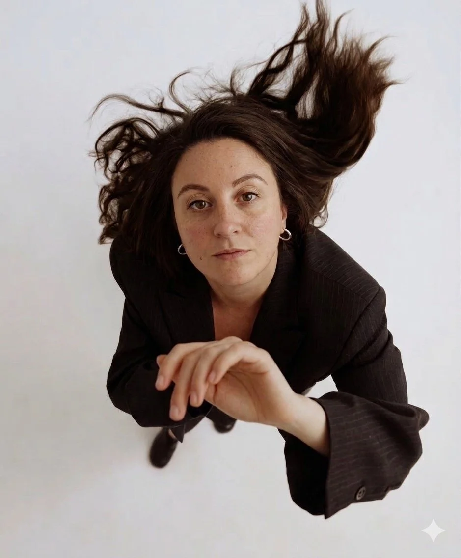 Jeune femme avec cheveux longs et bruns en tenue noire, regardant vers le haut, prise en gros plan contre un fond blanc.