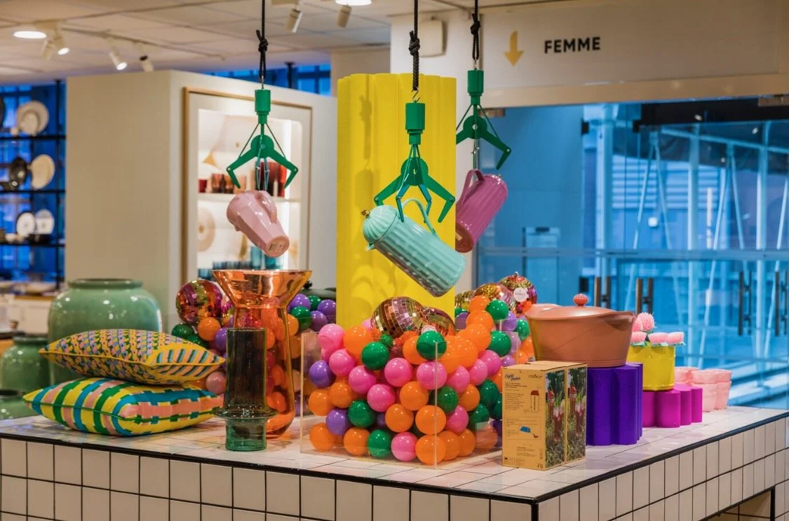 Lifestyle home goods table display with colorful products, oversized claw machine props holding pastel mugs, and a ball pit centerpiece — blending retail merchandising with playful visual storytelling.