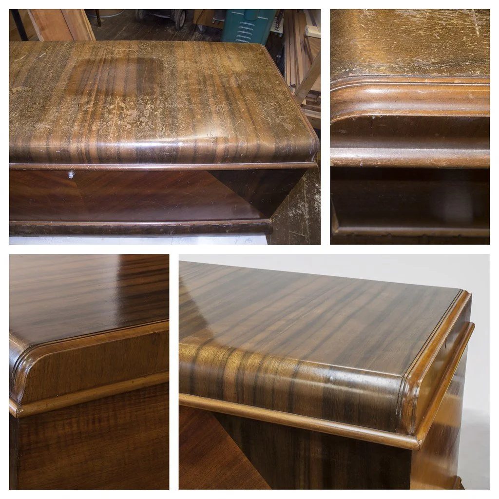 Before and after photos of a ca 1950 Lane Hope Chest that held special meaning to a client