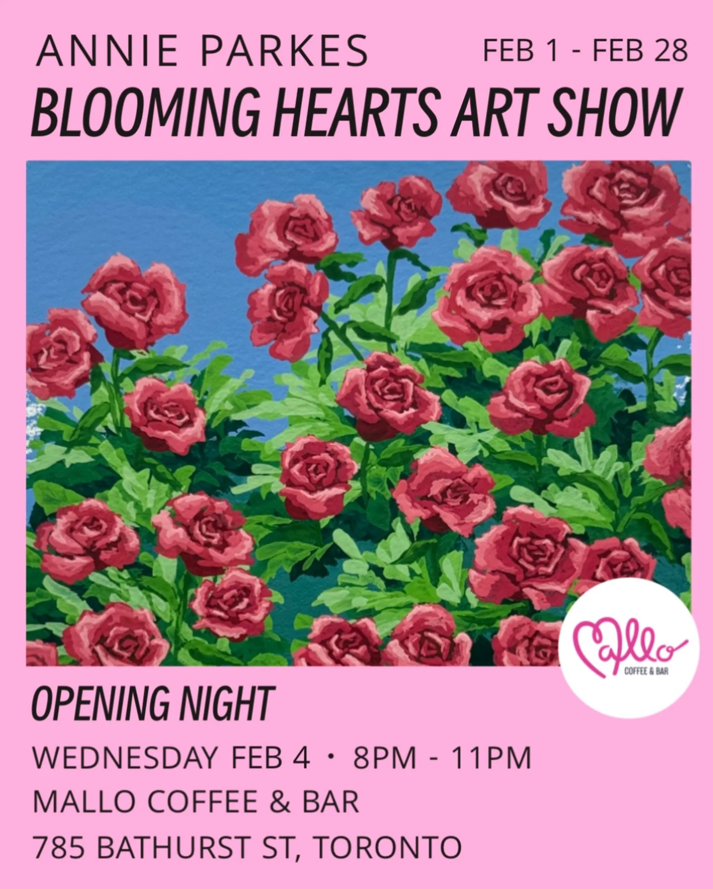 Excited to announce my upcoming Solo Art Show &lsquo;Blooming Hearts&rsquo; at @chezmallo 🩷

A collection of my immersive floral artworks showing for the month of February! 

Come by for Opening Night to mingle, grab a drink and enjoy art! 

Bloomin