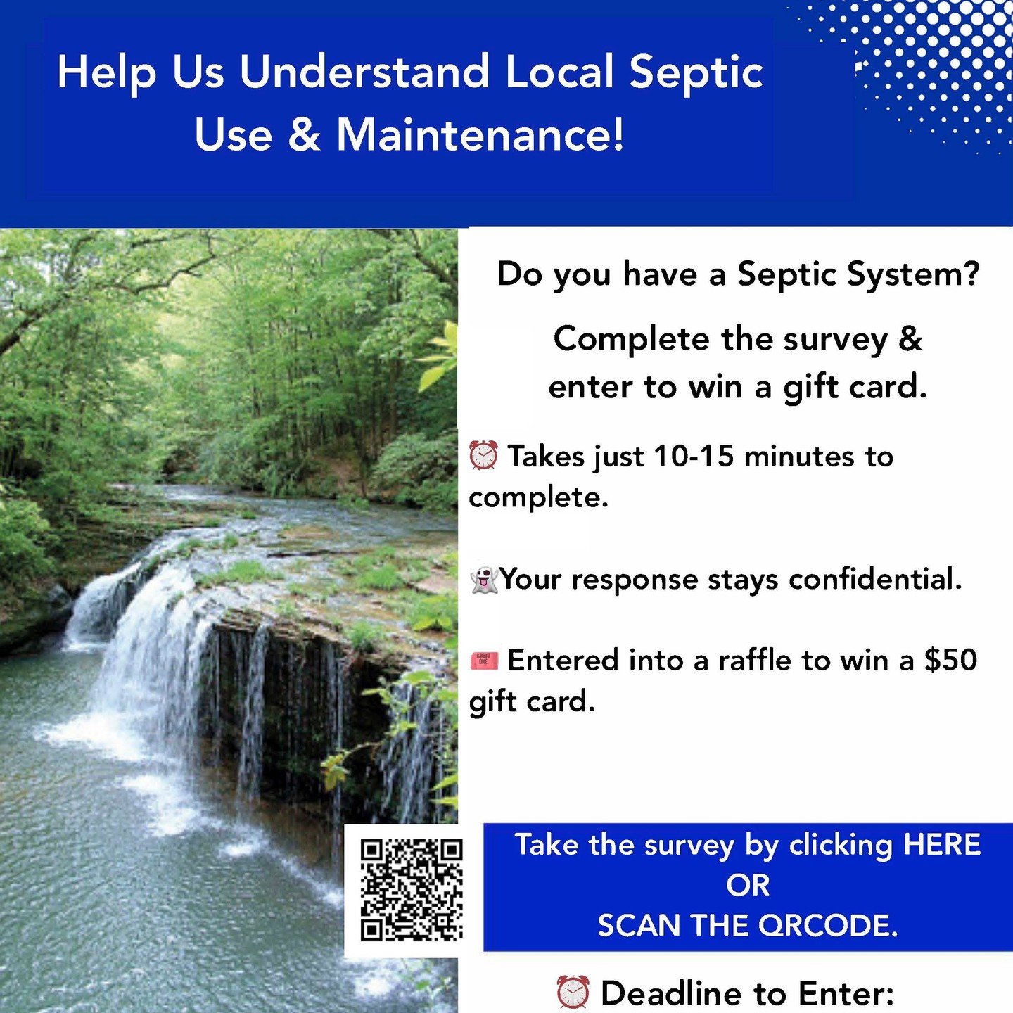 If you have a septic system in Kentucky, we would love to get your feedback! There is a chance to win a $50 gift card too! Here is the link: https://forms.gle/ce9ugtLnCswe6h789