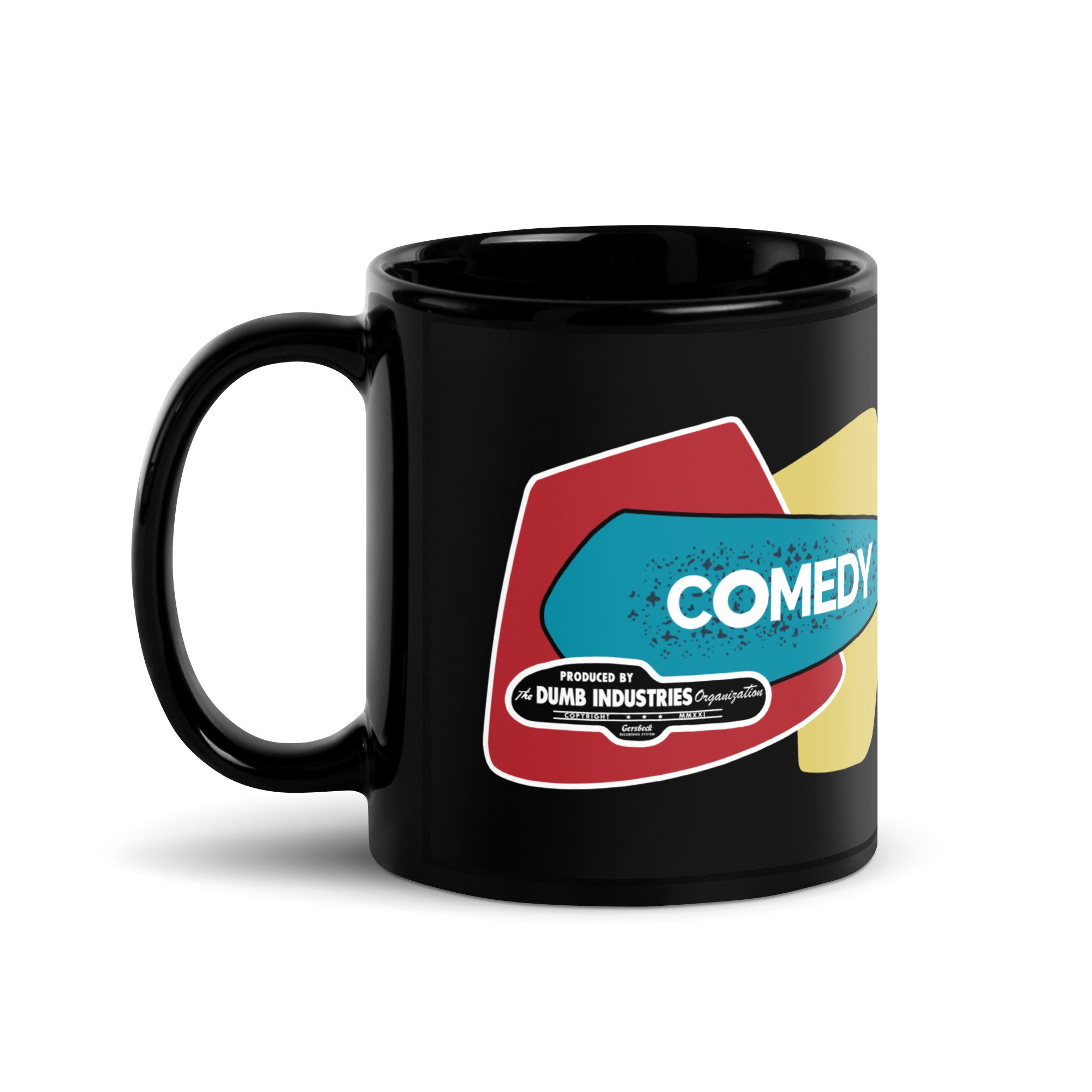 Comedy Produced by The Dumb Industries Organization Design by Josh Flowers | Black Glossy Mug