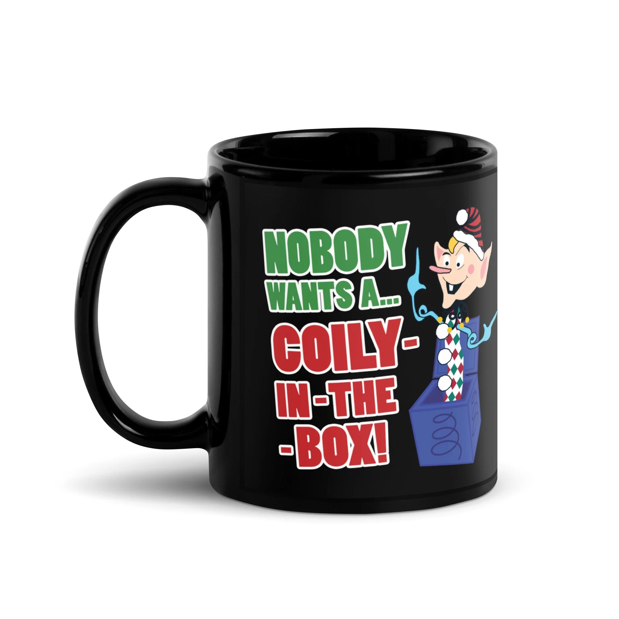 Dumb Industries | Coily-in-the-Box Design by Josh Flowers | Black Glossy Mug