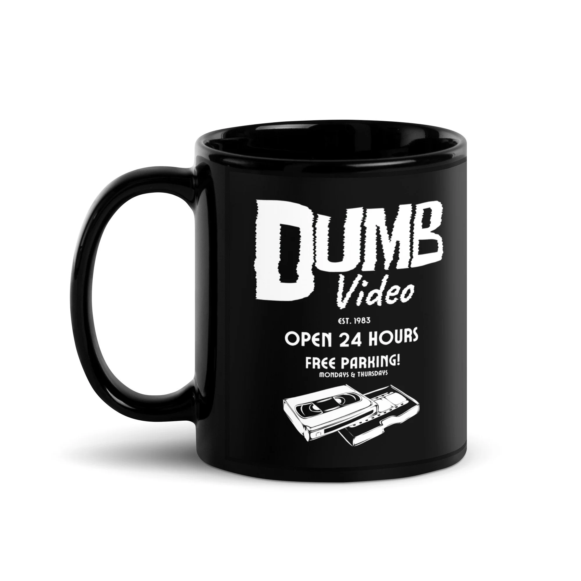 Dumb Video | Open 24 Hours | Black Glossy Mug