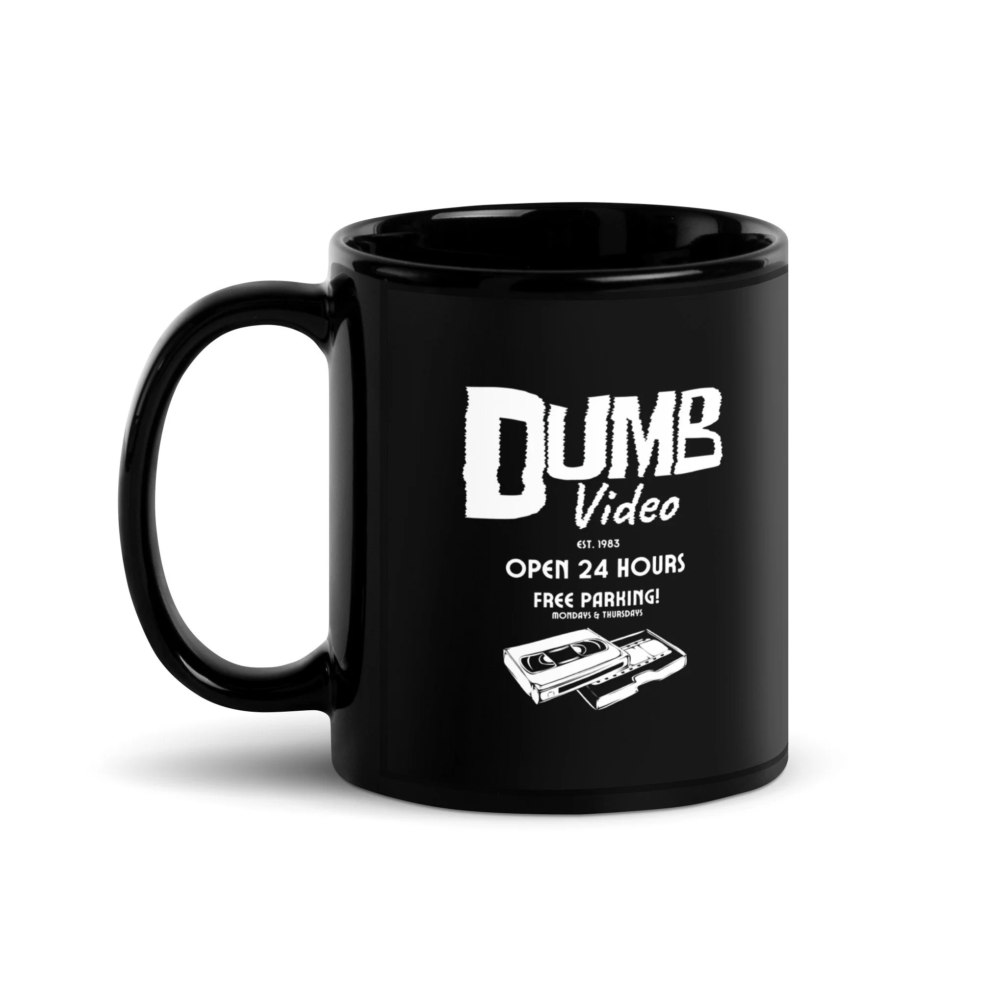 Dumb Video | Open 24 Hours | Black Glossy Mug