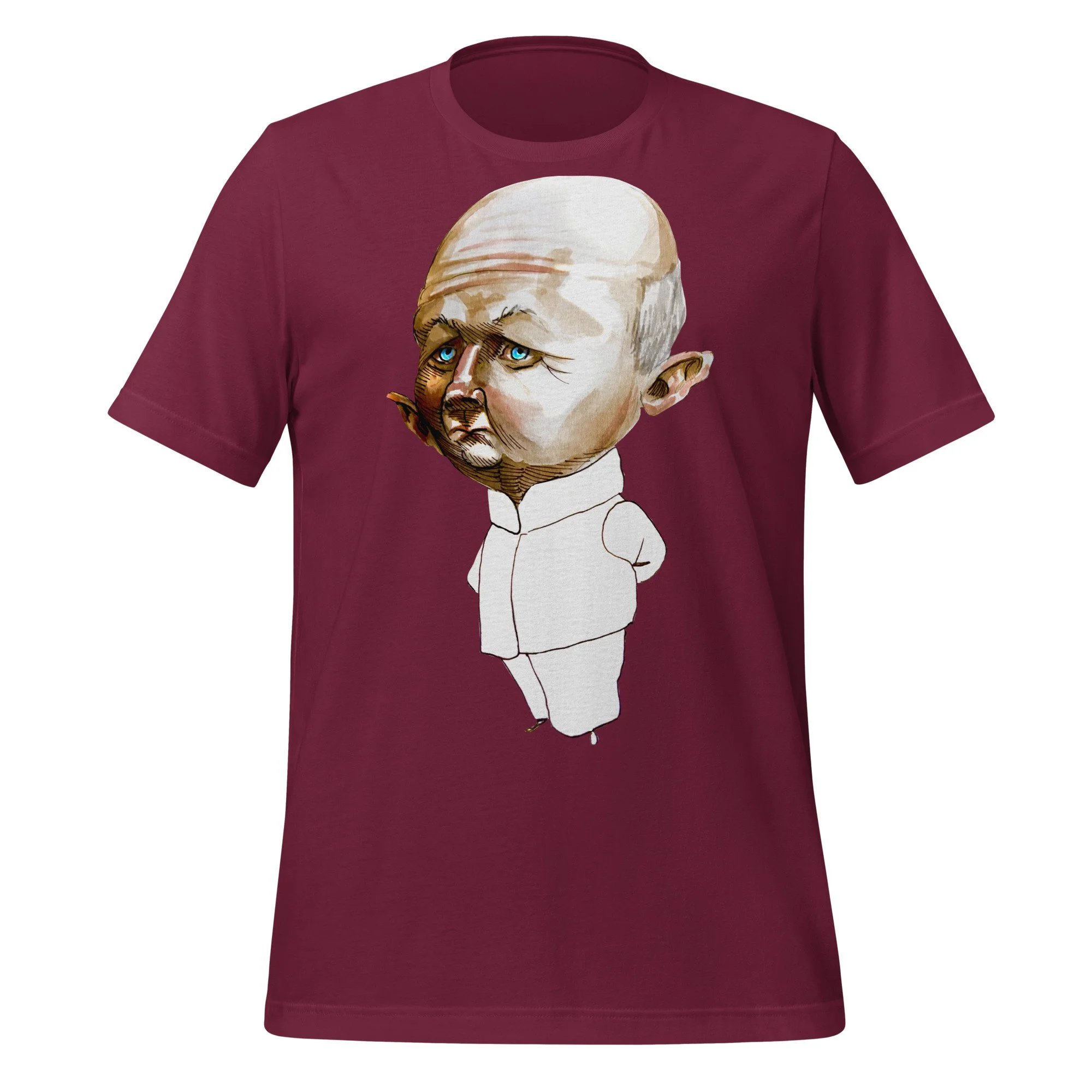 Donald Pleasance by Carmen Cerra unisex t-shirt in maroon, front view