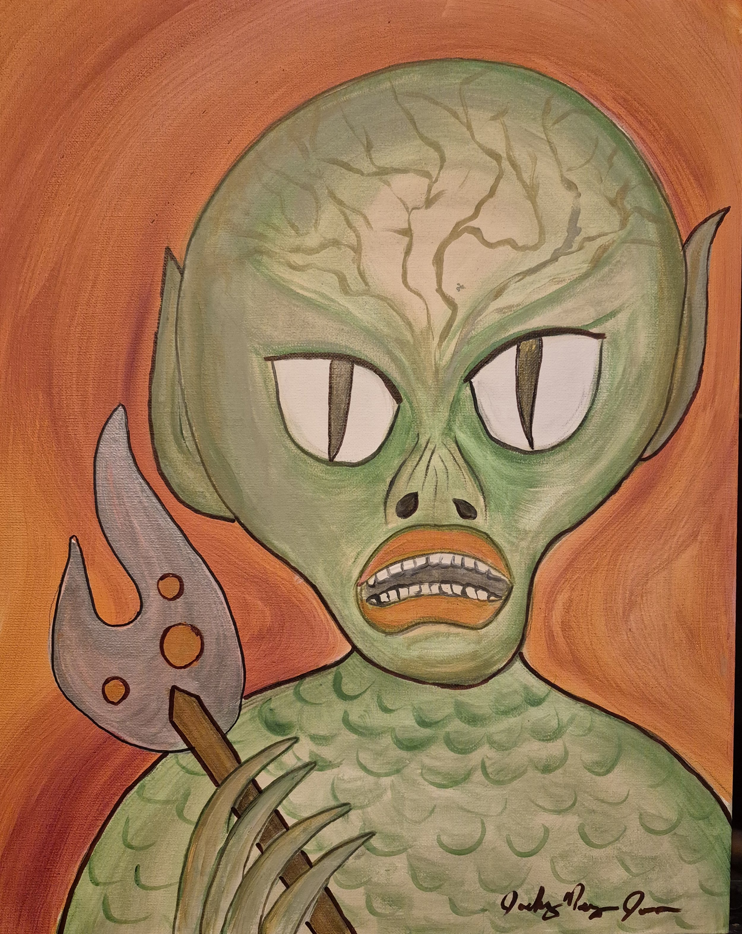"Invasion of the Saucer Men" Original Painting by Jackey Neyman Jones 16" x 20" Canvas Painting B