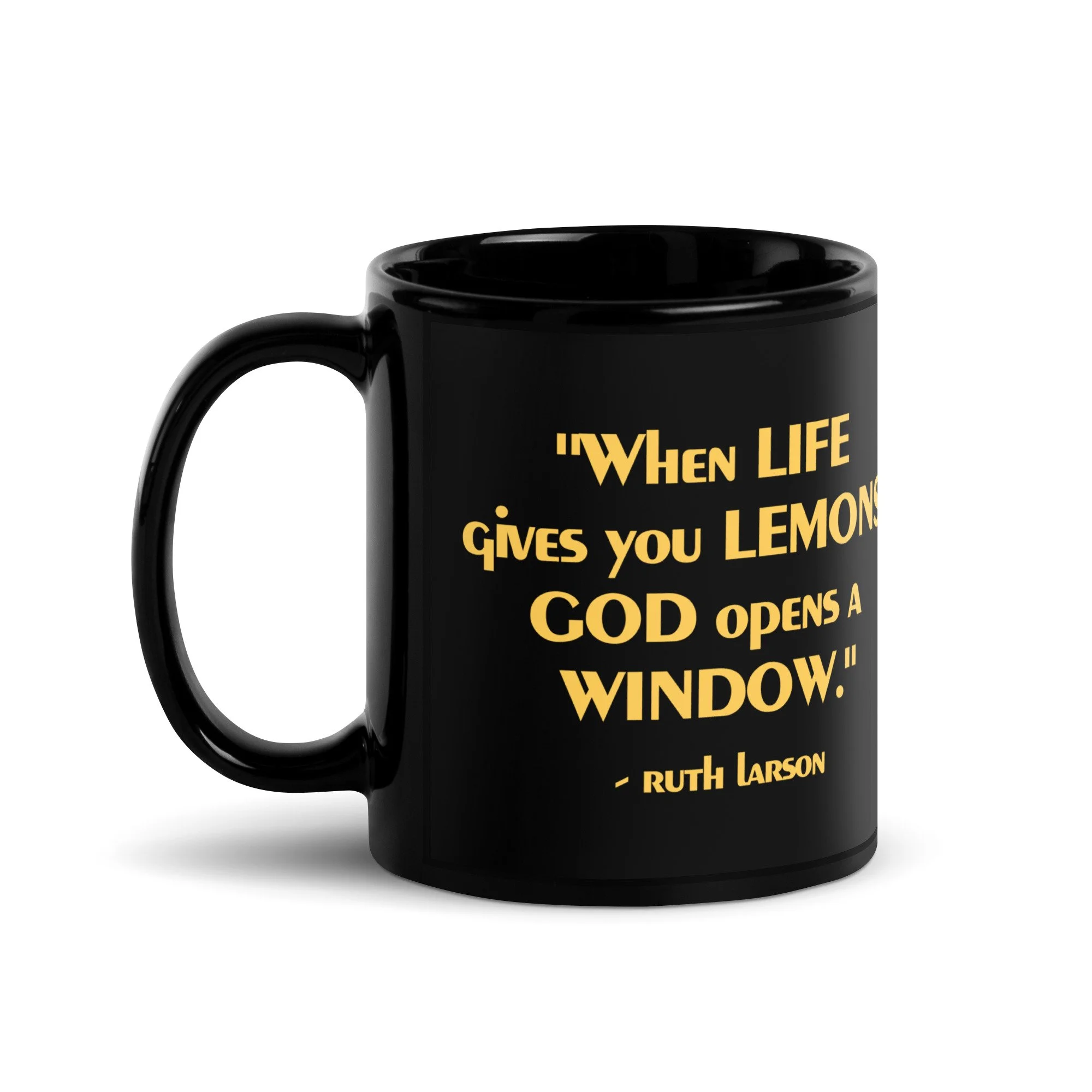 The Highly Inspirational Ruth Larson – The Mary Jo Pehl Show black glossy mug (11 oz), handle on left view