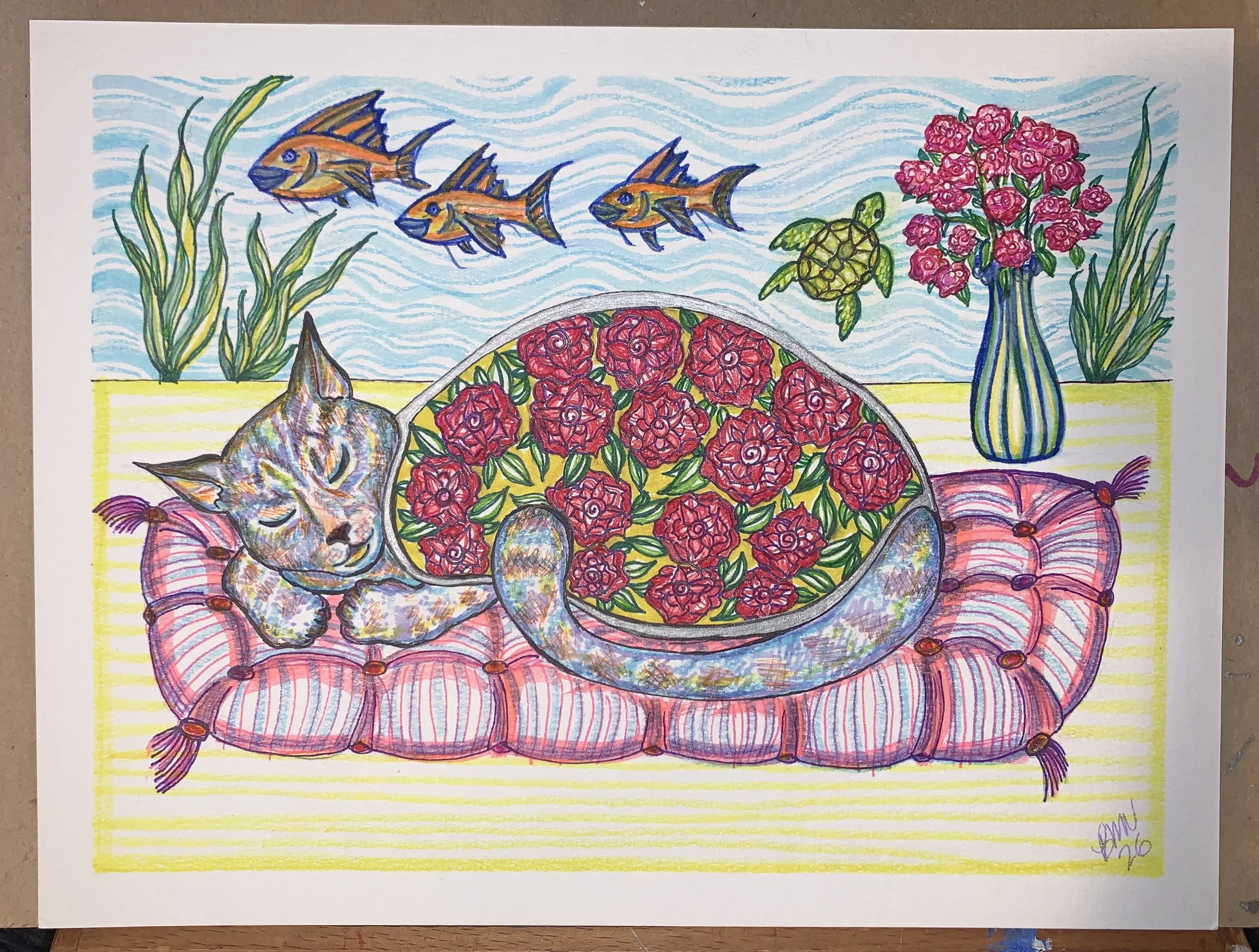 “Sea Turtle And Rose Tortoiseshell Tabby” by Bleue