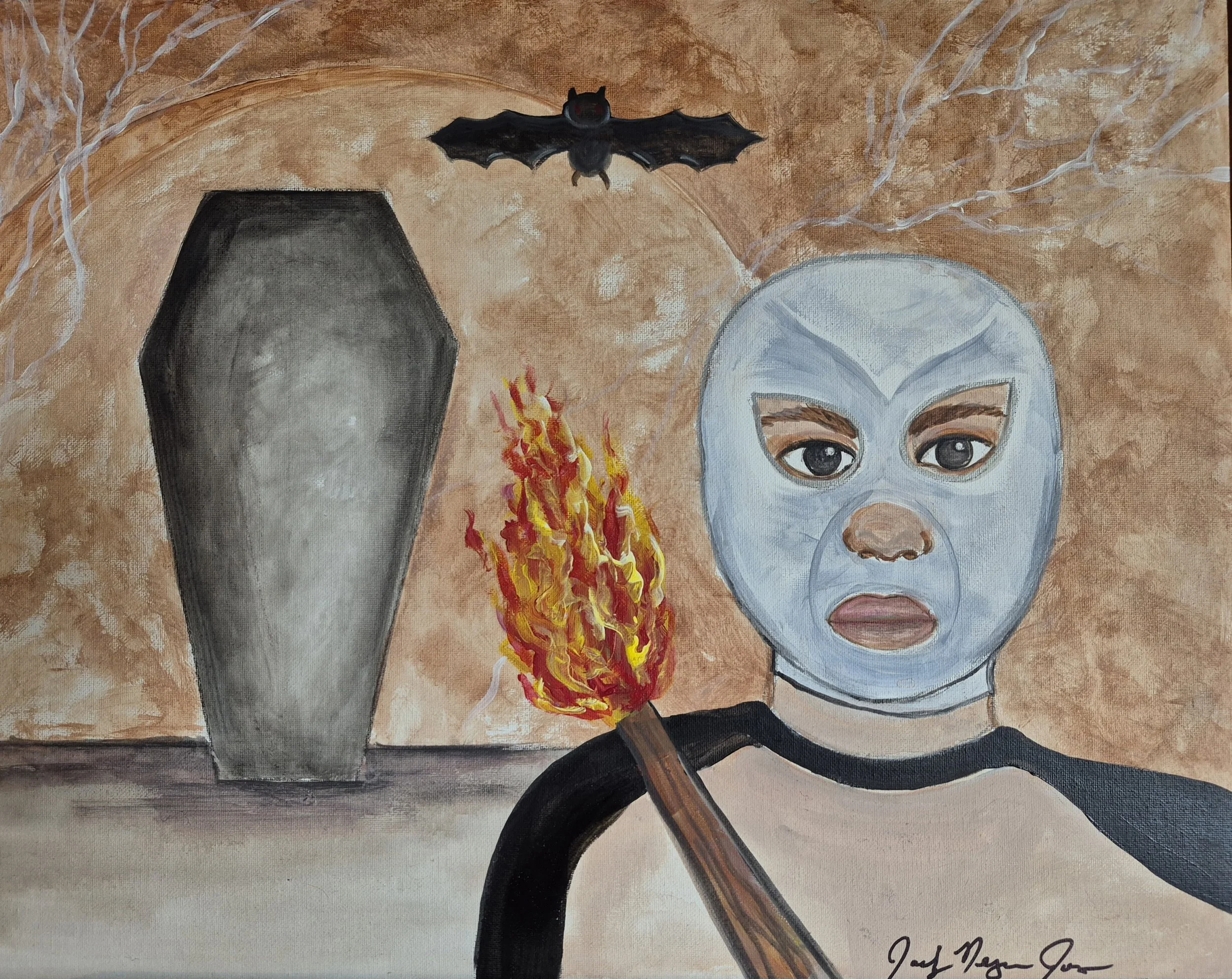 "Santo vs. The Vampire Women" | Original Painting by Jackey Neyman Jones | 16" x 20" Canvas | Painting B