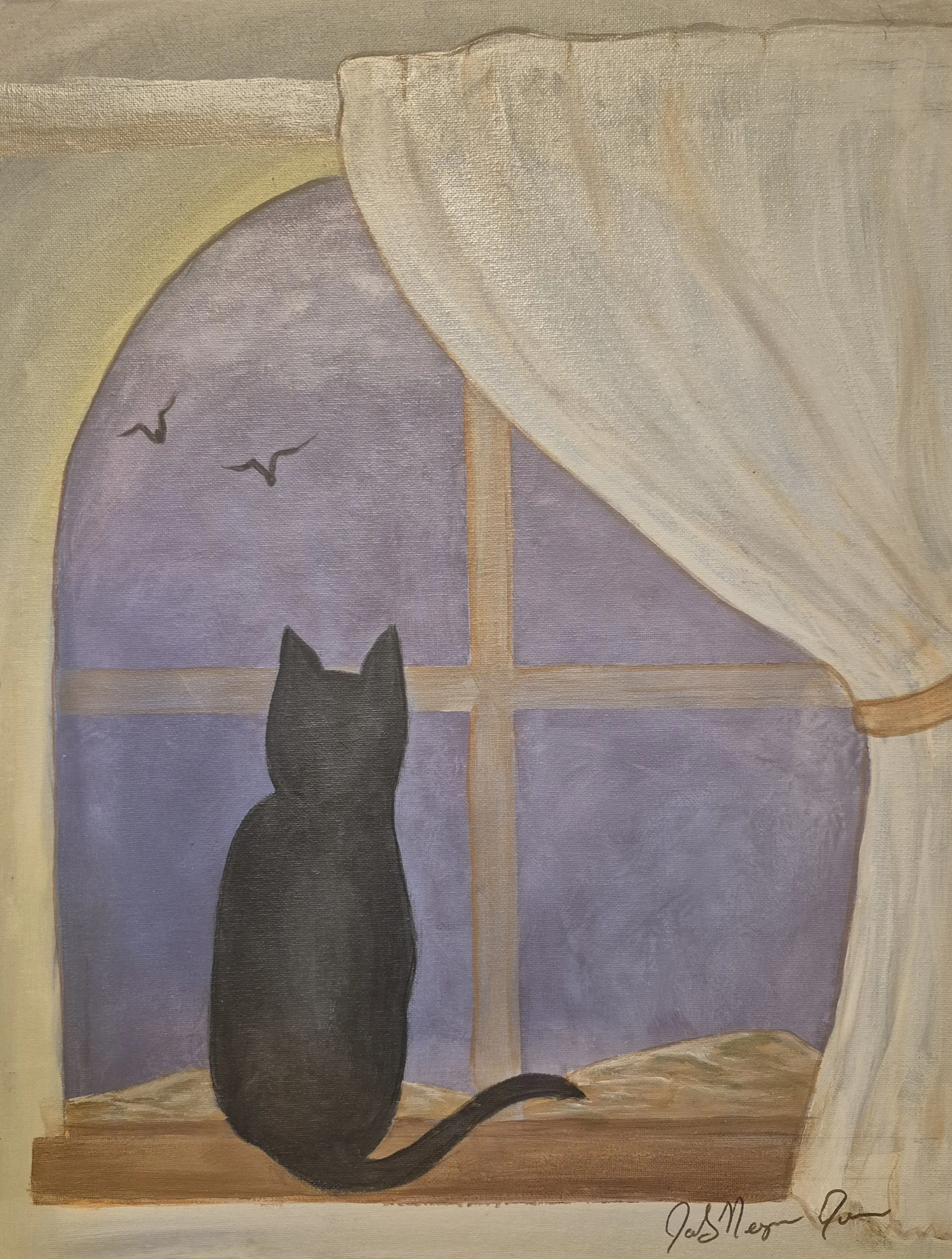 "Kitty in Window" | Original Painting by Jackey Neyman Jones | 16" x 20" Canvas | Painting A