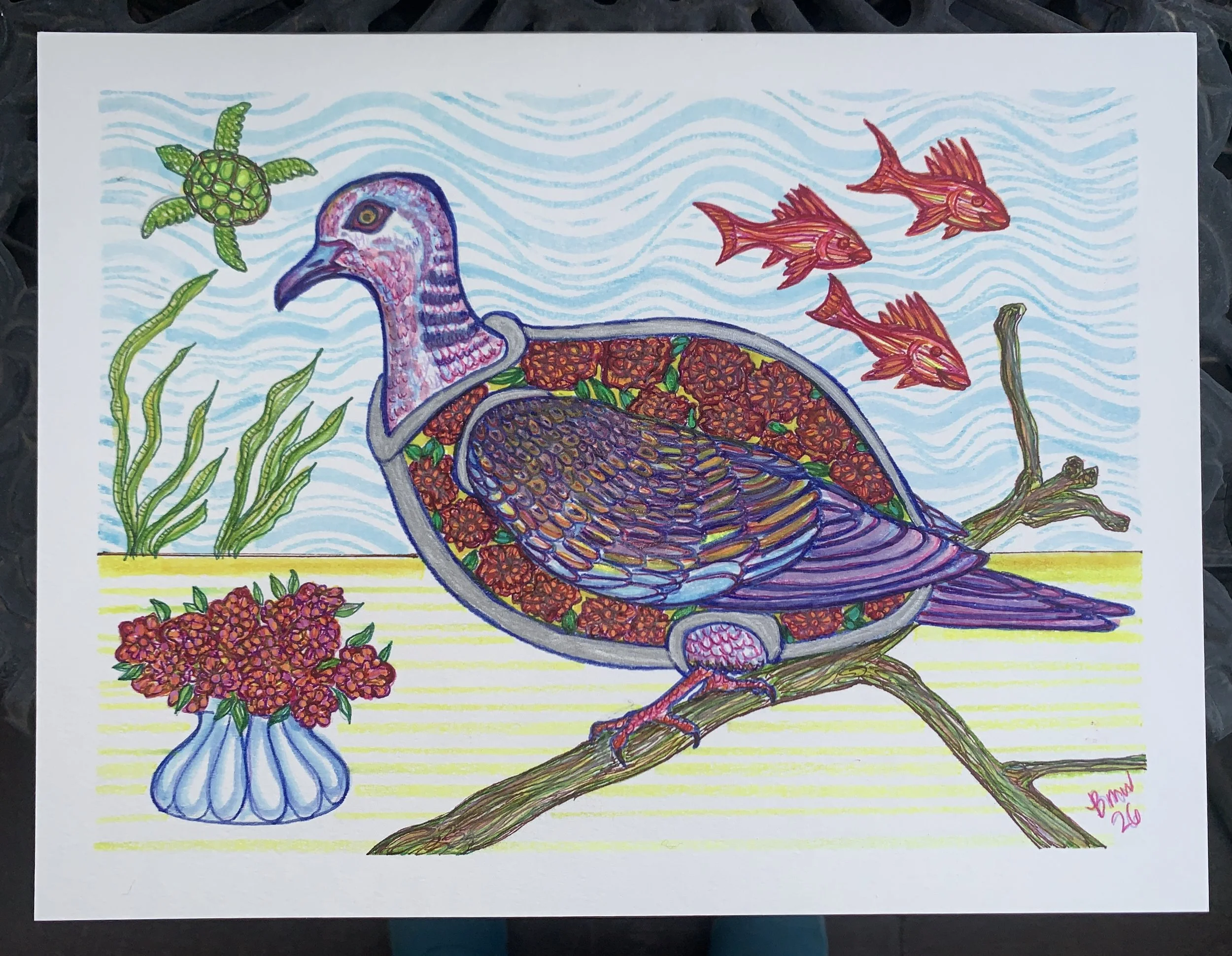 “Rose Turtle Dove and Sea Turtle” by Bleue