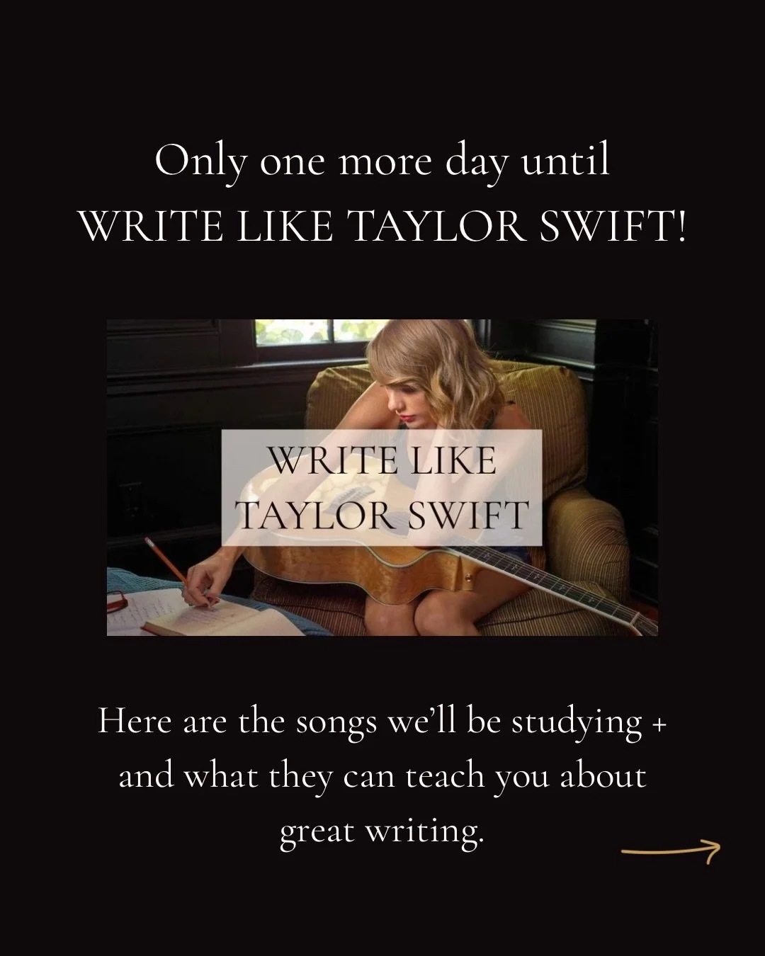 It has been SUCH a STRUGGLE to narrow down which songs to use as examples&hellip; 😅🤓🥳

I have so much great stuff to teach you!

If you want to learn how to use Taylor&rsquo;s tools to make your own writing sharper, braver, and more emotionally tr