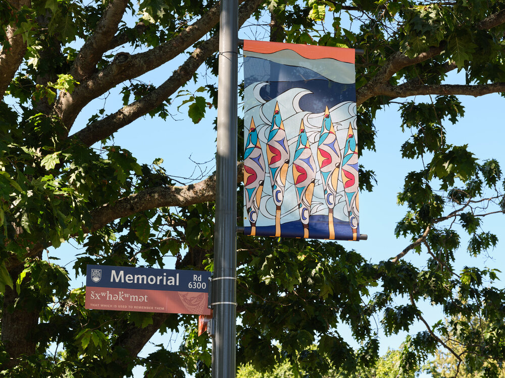  Diamond Point,  wəɬ m̓i ct q̓pəθət tə ɬniməɬ , 2020, lamppost banners installed along Man Mall as part of  Soundings: An Exhibition in Five Parts  at the Morris and Helen Belkin Art Gallery, University of British Columbia (September 8-December 6, 20