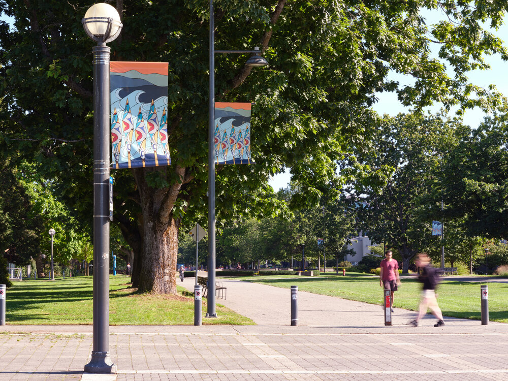  Diamond Point,  wəɬ m̓i ct q̓pəθət tə ɬniməɬ , 2020, lamppost banners installed along Man Mall as part of  Soundings: An Exhibition in Five Parts  at the Morris and Helen Belkin Art Gallery, University of British Columbia (September 8-December 6, 20