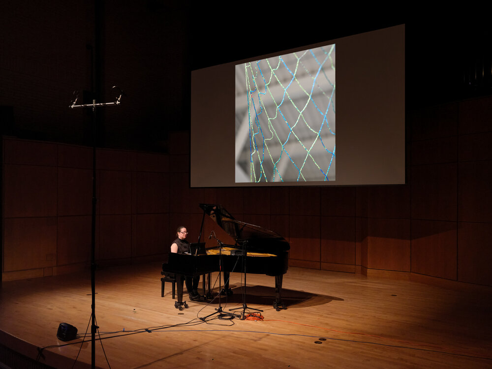  Rachel Iwaasa performs Camille Georgeson-Usher’s work,  through, in between oceans part 2 , 2020 in the Roy Barnett Hall, Music Building at the University of British Columbia, November 8, 2020, as part of&nbsp; Soundings: An Exhibition in Five Parts