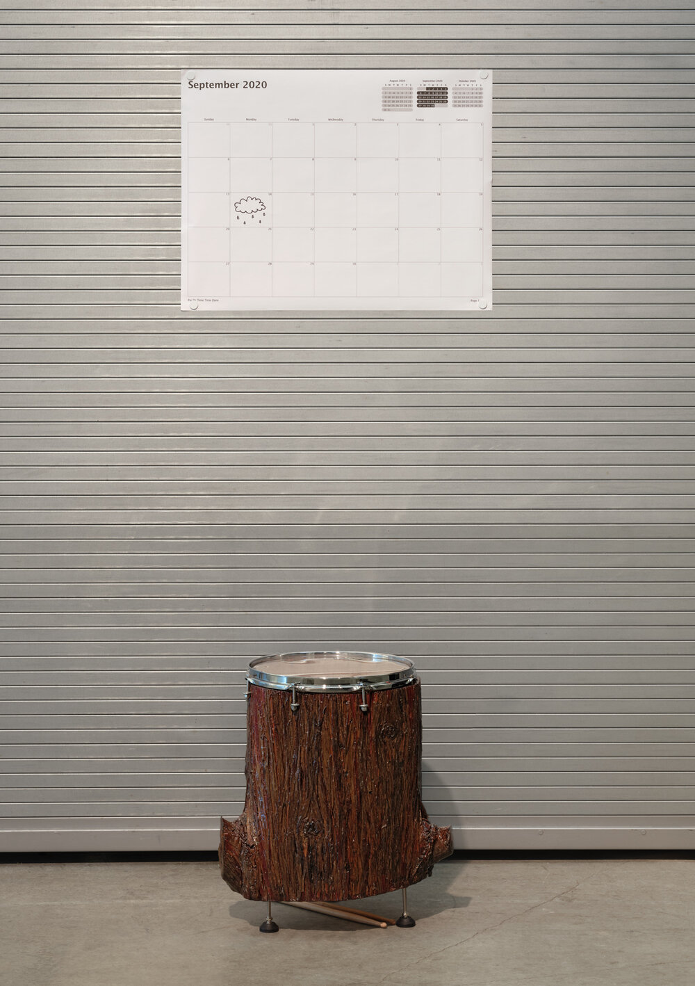  Germaine Koh,  Crowd Shyness: the sound of its making , 2020, Hollowed cedar stump, drum head, hardware, resin, weather report. Collection of the artist. Installed at the Morris and Helen Belkin Art Gallery, University of British Columbia. Photo: Ra