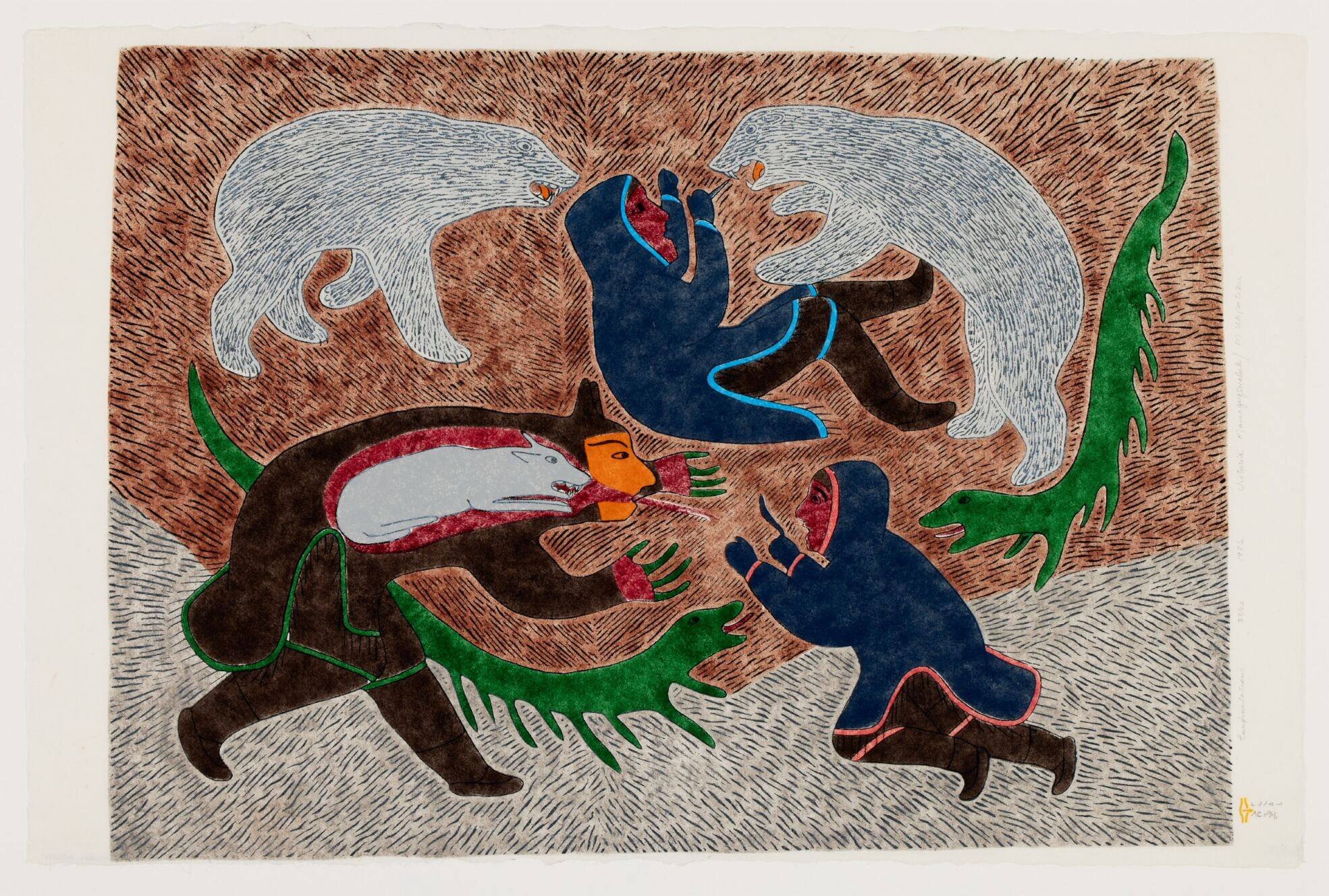 Featured in ᑕᑯᒃᓴᐅᔪᒻᒪᕆᒃ Double Vision, Confrontations by Victoria Mamnguqsualuk is a vivid depiction of generational arctic legends. KAG Curator Charo Neville suggests the print is inspired by stories from Mamnguqsualuk&rsquo;s grandmother, such as le