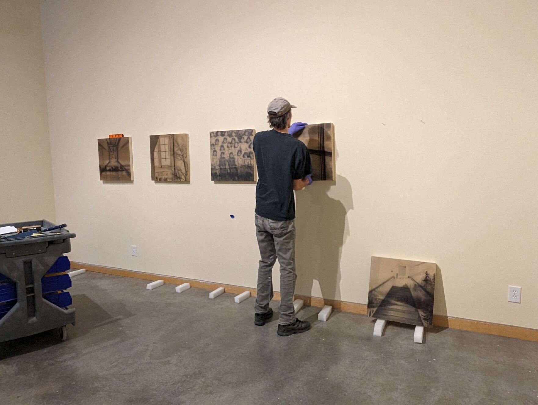 It&rsquo;s the last day of install for The Cube&rsquo;s spring exhibition. Pieces brings together the artwork of settler artist Victoria Kjargaard, in dialogue with Nłeʔkepmx curator Elsie Joe. Pictured here is Head Preparator Matthew mounting a seri