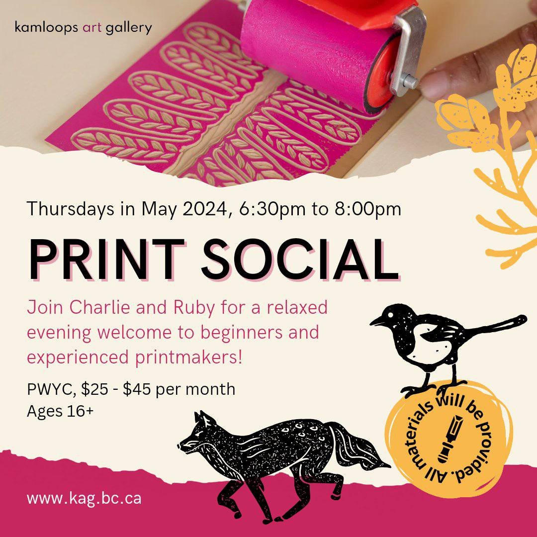 PRINT SOCIAL THURSDAYS IN MAY! Printmakers of all skill levels are invited to create relief prints with light instruction from KAG instructors. The process of relief printing includes drawing a design on a smooth block then carving to create a raised